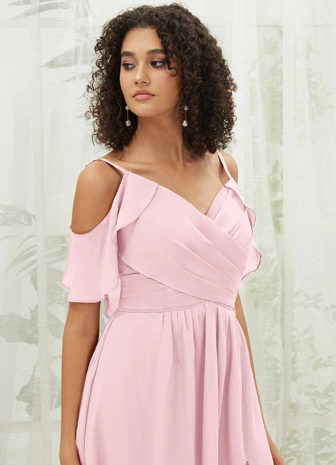 Elegant Blush Chiffon Ruffle Cold Shoulder Sweetheart Bridesmaid Dress - Perfect for Weddings, Prom, and Formal Events
