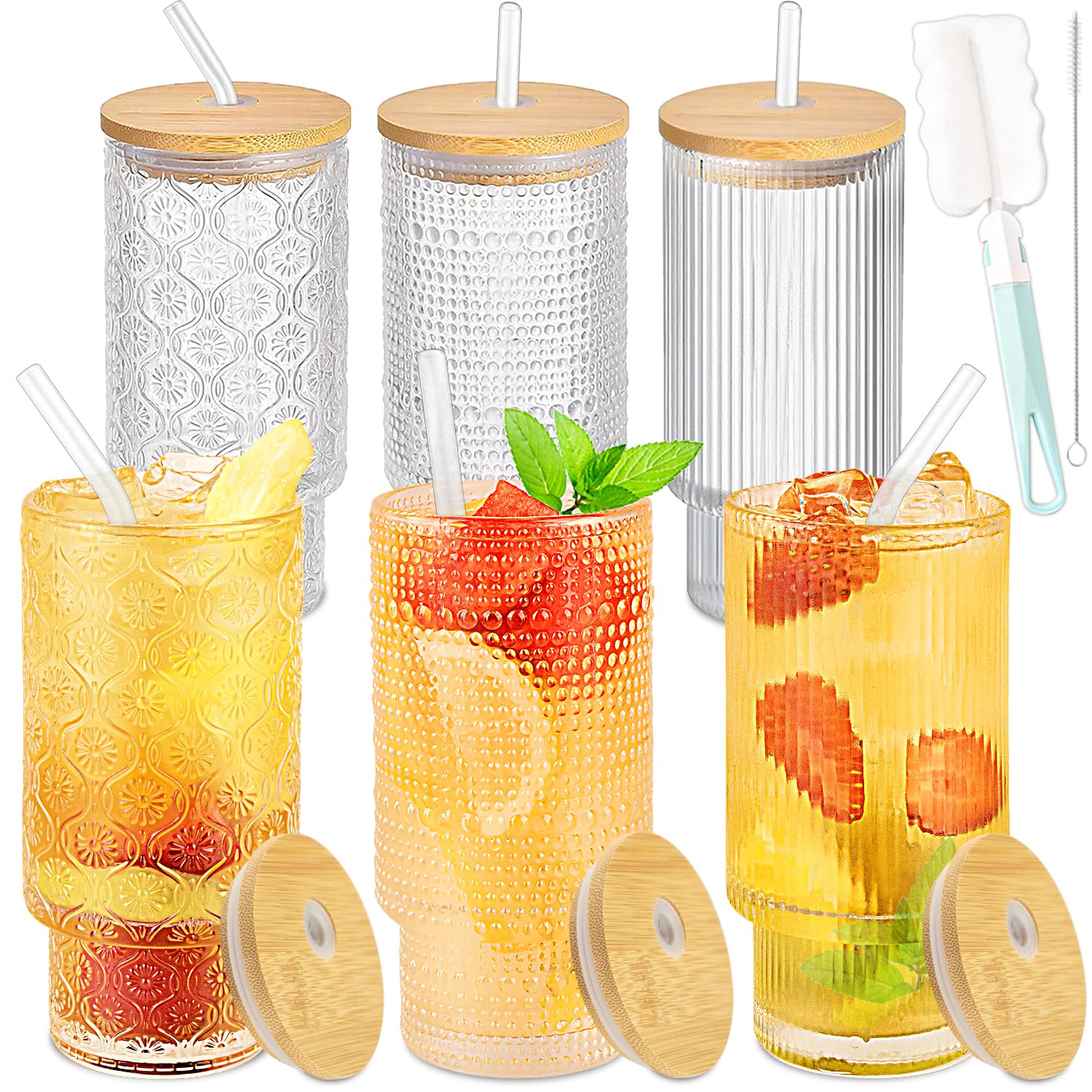 Gusnilo 6-Piece Set 11oz Glass Cups with Bamboo Lids & Straws - Stackable Vintage Hobnail Drinking Glasses for Coffee, Tea, Juice - Clear Glassware for Home, Restaurant, and Party Use (6Pcs)