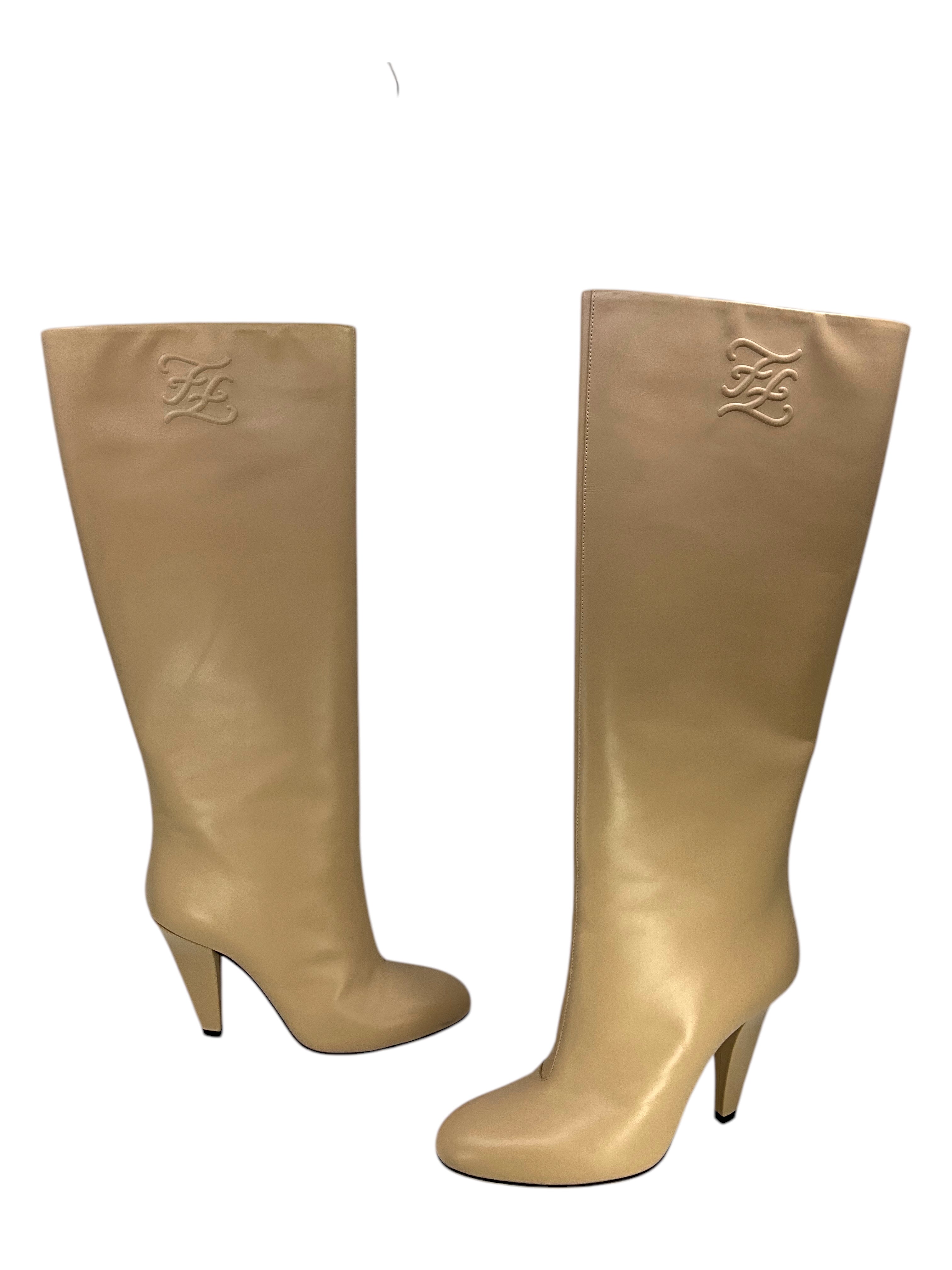FENDI Karligraphy Embossed Logo Knee High Boots for Women | Size 9 US | Luxury Leather Fashion Boots for Fall Winter, Parties & Night Out