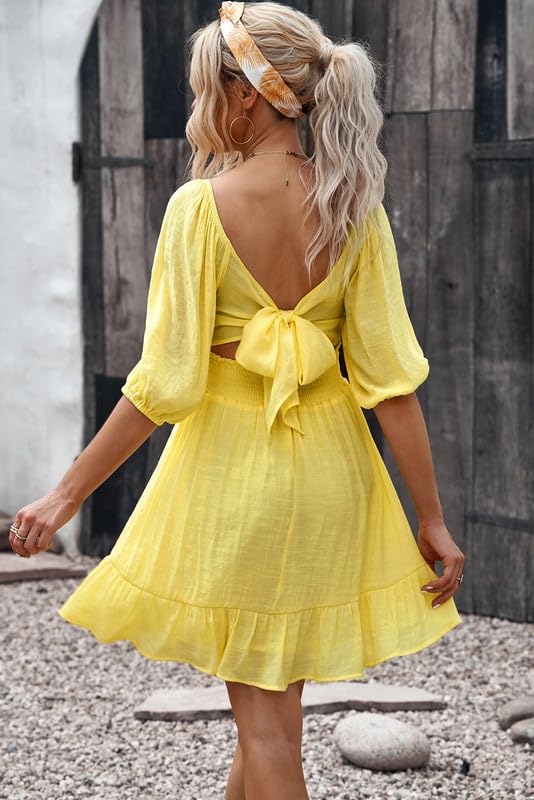 Dokotoo Women's Summer Dress - Square Neck Tie Back Lantern Sleeve Ruffle A-Line Casual Sundress for Beach, Vacation & Outdoor Parties