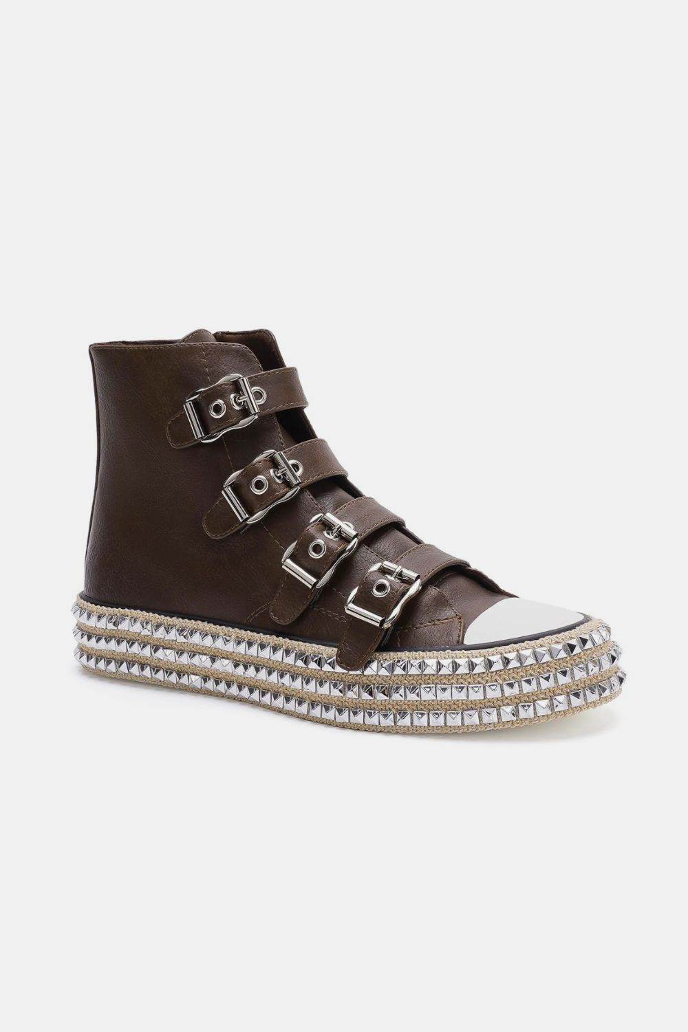 Beast Fashion Multi Buckle Straps Studded Platform Sneakers for Women - Brown Chunky Gothic Punk Boots for Casual Wear, Street Style & Night Out