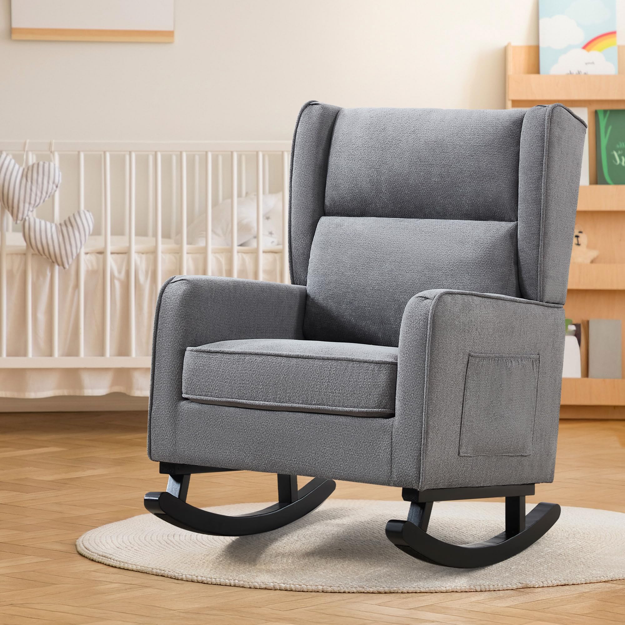 Modern Nursery Rocking Chair for Mom - High Backrest Solid Wood Rocker, Wingback Accent Chair for Reading in Living Room & Bedroom - Deep Grey | Perfect for Nursing, Relaxing & Nursery Decor