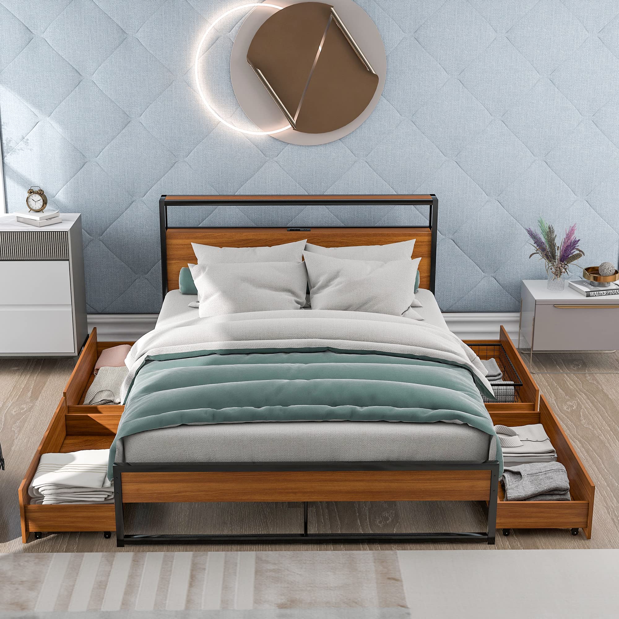 **Queen Size Metal Platform Bed Frame with Headboard - 4 Storage Drawers, Built-in USB Ports & Outlets, Heavy-Duty Steel Slats - No Box Spring Required - Easy Assembly for Teens & Adults (Black) - Perfect for Small Bedrooms & Modern Apartments**