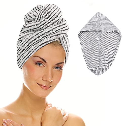Super Soft Microfiber Hair Towel Wrap - Anti-Frizz Quick Dry Hair Turban with Button Closure | Ultra Absorbent Salon Hair Drying Hat for Women & Girls (Striped) | Perfect for Post-Shower, Styling & Travel