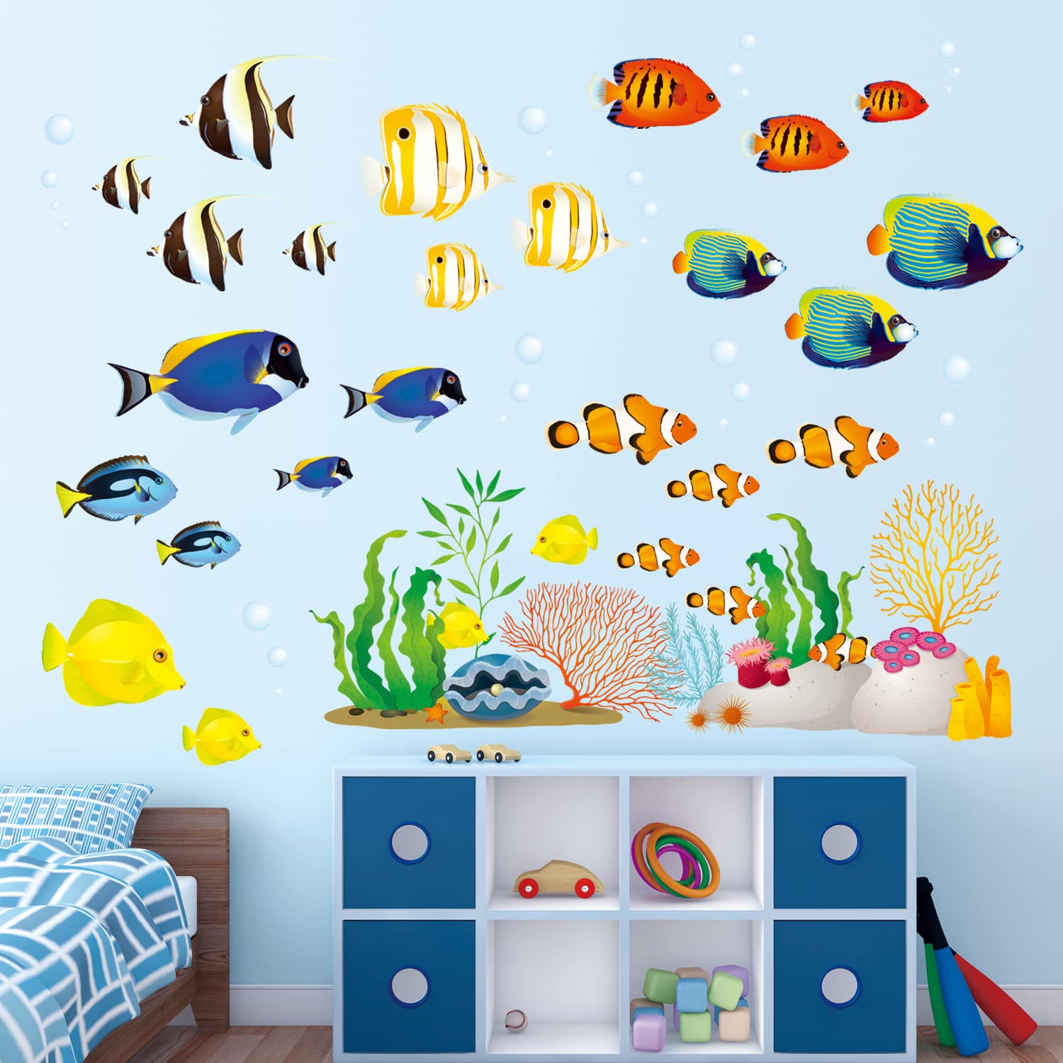 DECOWALL DWL-1811N Coral Reef Fish Wall Stickers for Kids - Peel and Stick Removable Nursery Decor, Underwater Theme Bedroom & Living Room Wall Decals - Perfect for Baby Rooms, Playrooms and Ocean-Themed Home Decor