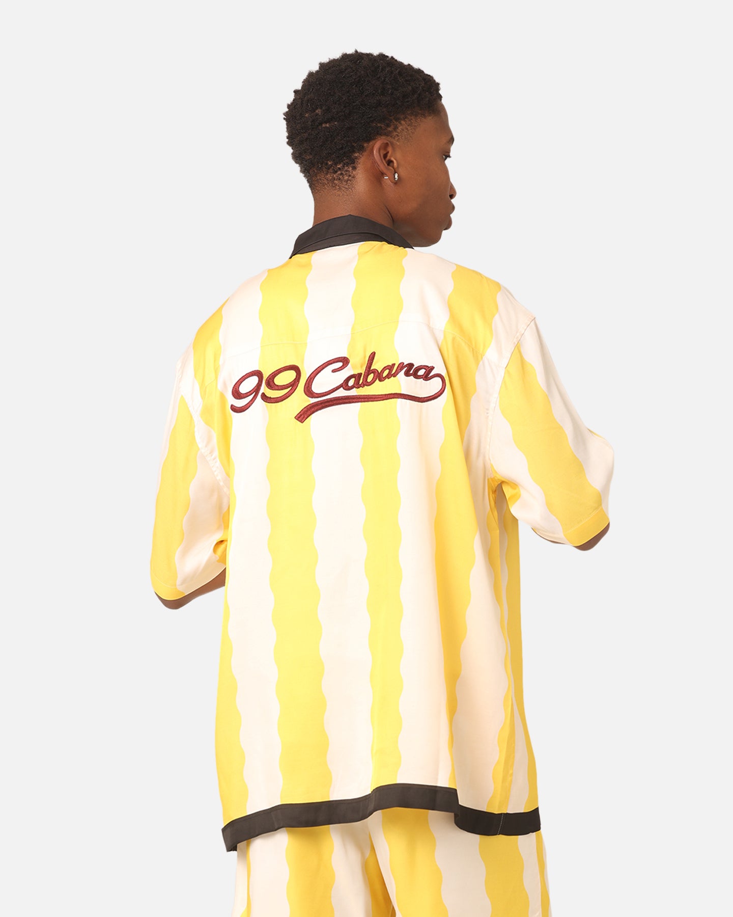 99 Cabana Bowling Short Sleeve Button Up Shirt for Men - Casual Hawaiian Aloha Shirt in Yellow/Off White - Perfect for Beach Parties, Summer Vacations & Tropical Getaways