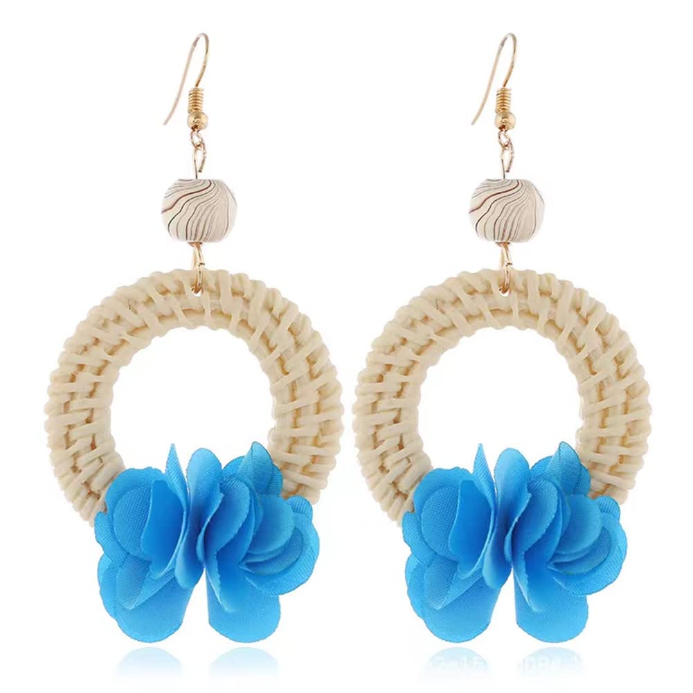 Boho Lightweight Geometric Statement Tassel Earrings for Women - Handmade Woven Rattan Straw Wicker Braid Hoop Drop Dangle Earrings - Perfect Gift for Girls & Women, Great for Summer Festivals, Beach Vacations and Boho Fashion