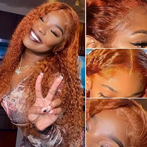 KLAIYI 10A Brazilian Virgin Human Hair Lace Front Wig - Middle Part Curly Ginger Orange Wigs for Women, Pre-Plucked with Baby Hair, 150% Density, 88J Color, 20 Inch | Perfect for Cosplay, Daily Wear & Special Occasions