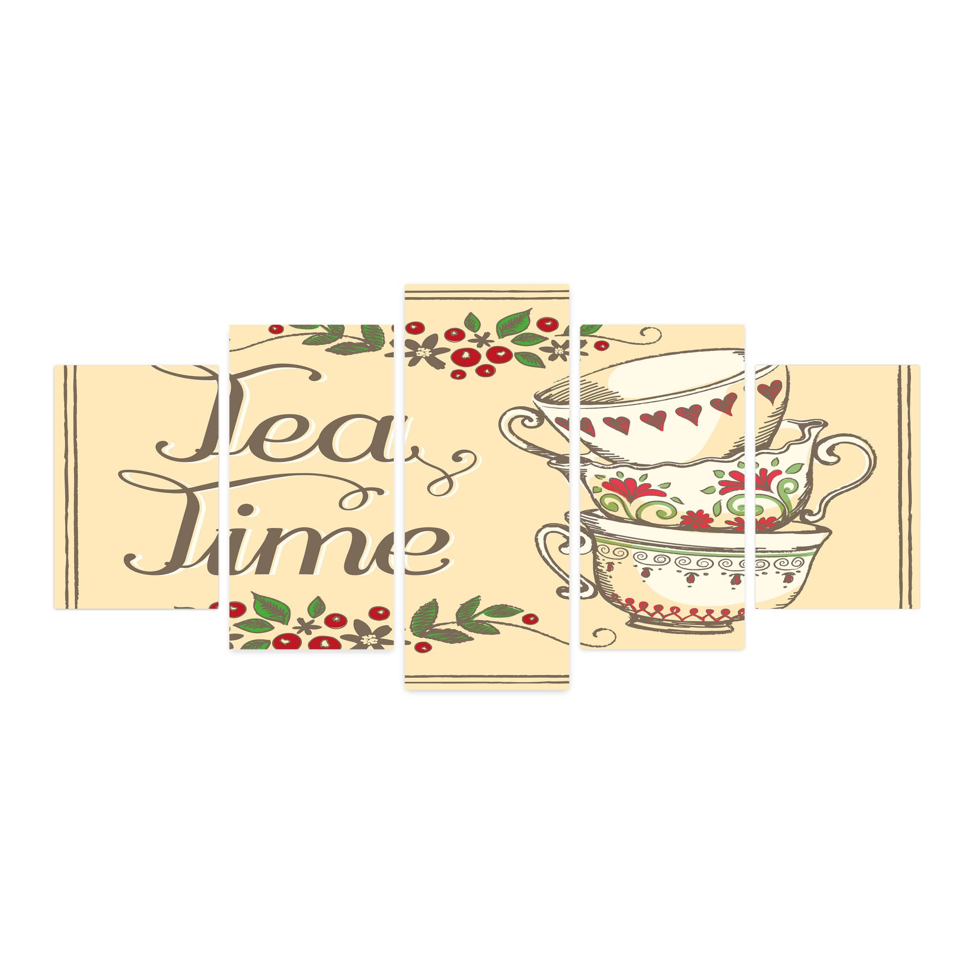 Ambesonne Tea Themed 5-Panel Acrylic Glass Wall Art - Floral Coffee Cup Design with Berries & Swirl Leaves - 60