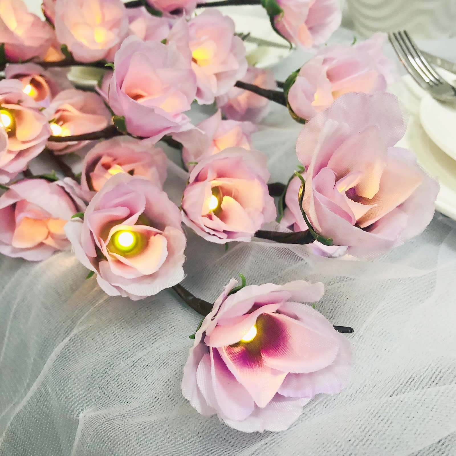 2 Pack Purple LED Rose Flower Fairy Lights - 30 Inch Battery Powered Lighted Twig Branch with Artificial Roses for Vase Decoration | Perfect for Home, Christmas Party, Wedding, Garden & Indoor/Outdoor Decor