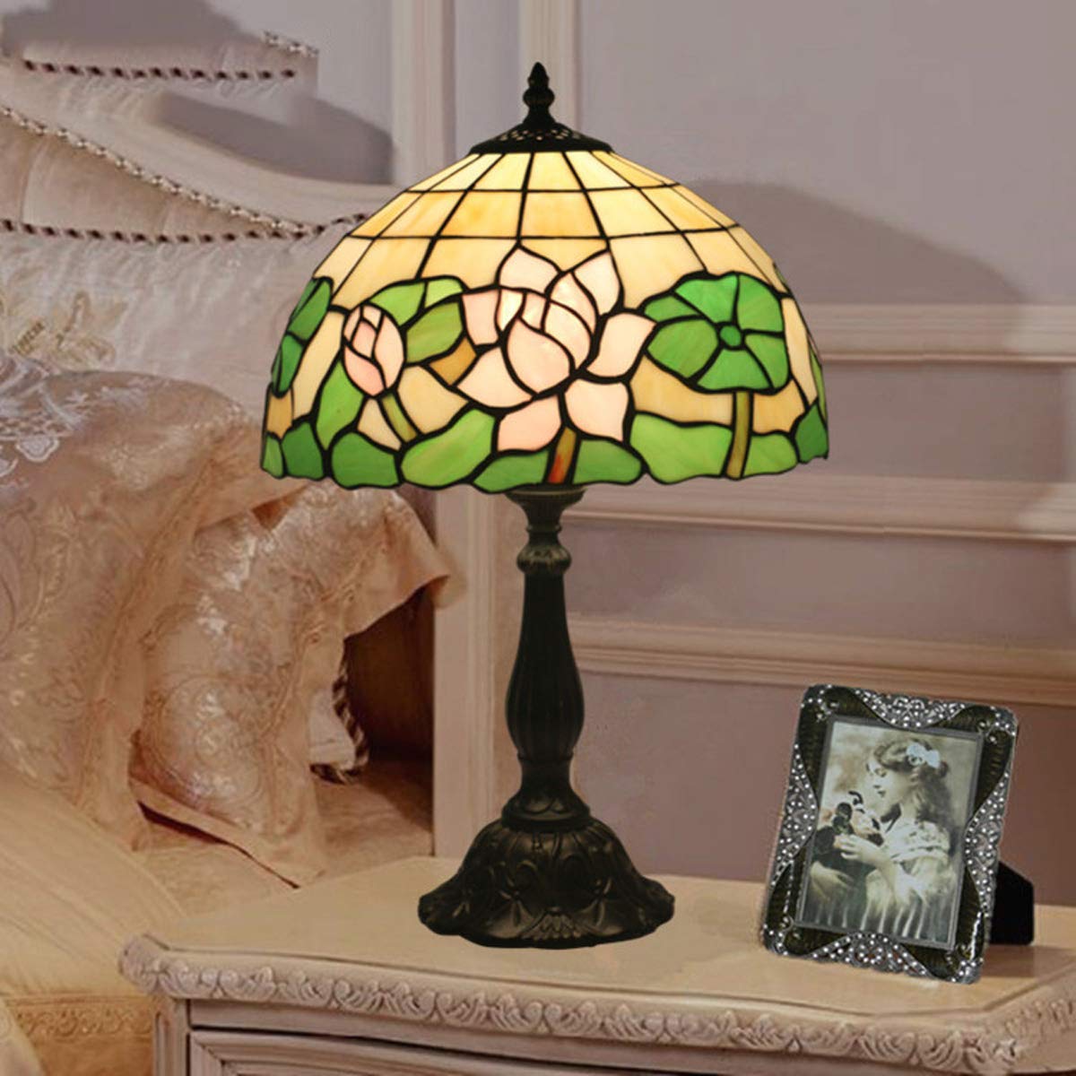 Tiffany Style Stained Glass Table Lamp - Pink Lotus & Green Leaves Design, 19.3 Inch Tall Resin Base Bedside Lamp for Living Room, Bedroom, Office, or Reading Nook - Perfect for Home Decor, Ambient Lighting & Relaxation