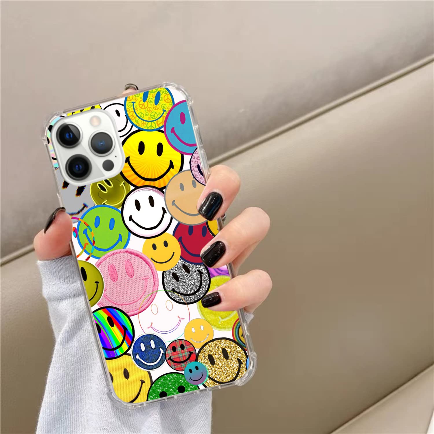 Colorful Retro Smile Face Phone Case for iPhone 12 Pro Max - Cute Hippie Design Trendy TPU Bumper Cover Compatible with iPhone 12 Pro Max for Women Men Girls Boys - Perfect for Music Festivals, Beach Days & Boho Style Lovers