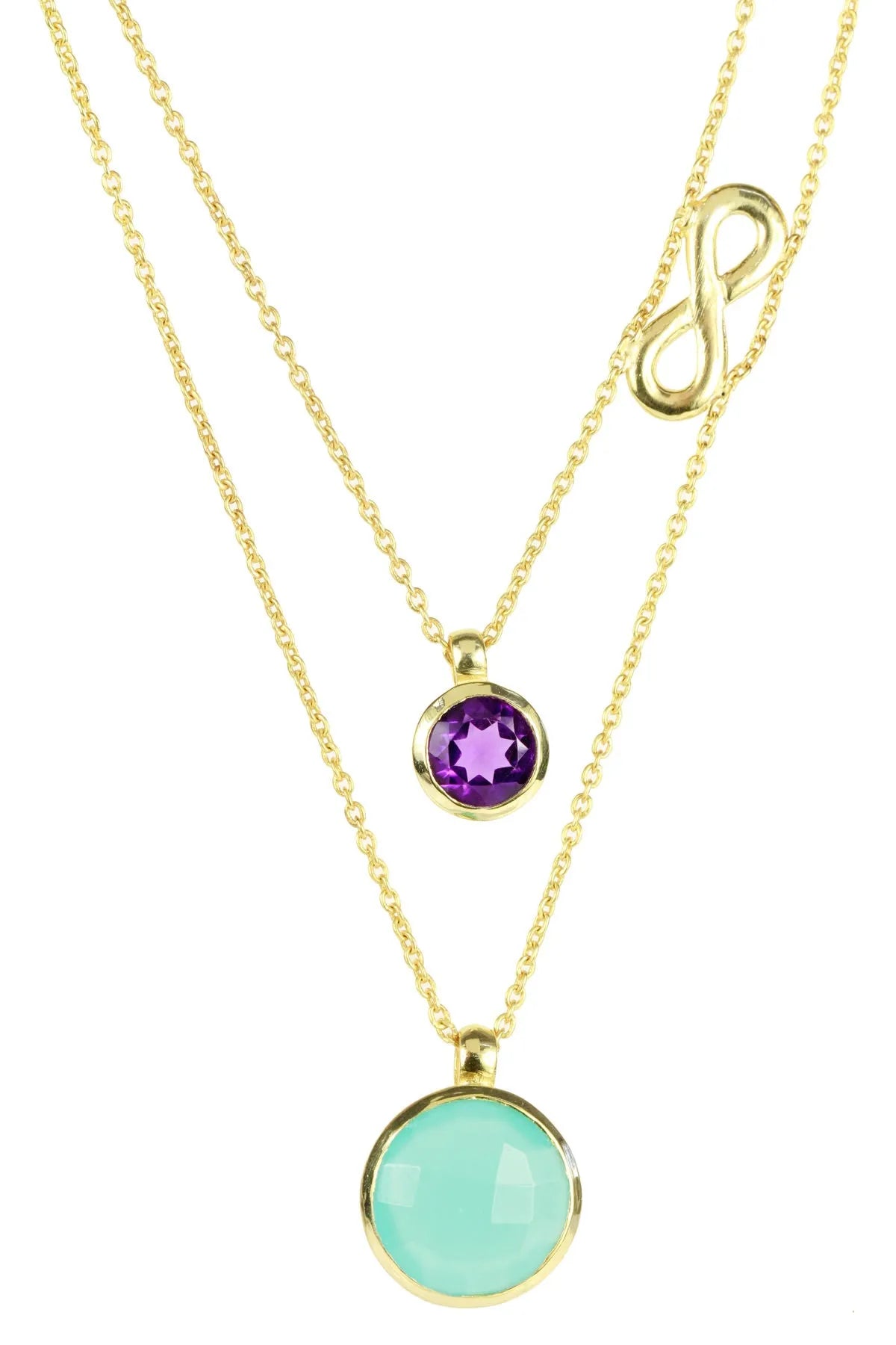 Aqua Chalcedony & Amethyst Double Layer Infinity Necklace for Women - Elegant Dainty Crystal Pendant Jewelry for Everyday Wear, Gift Giving & Special Occasions