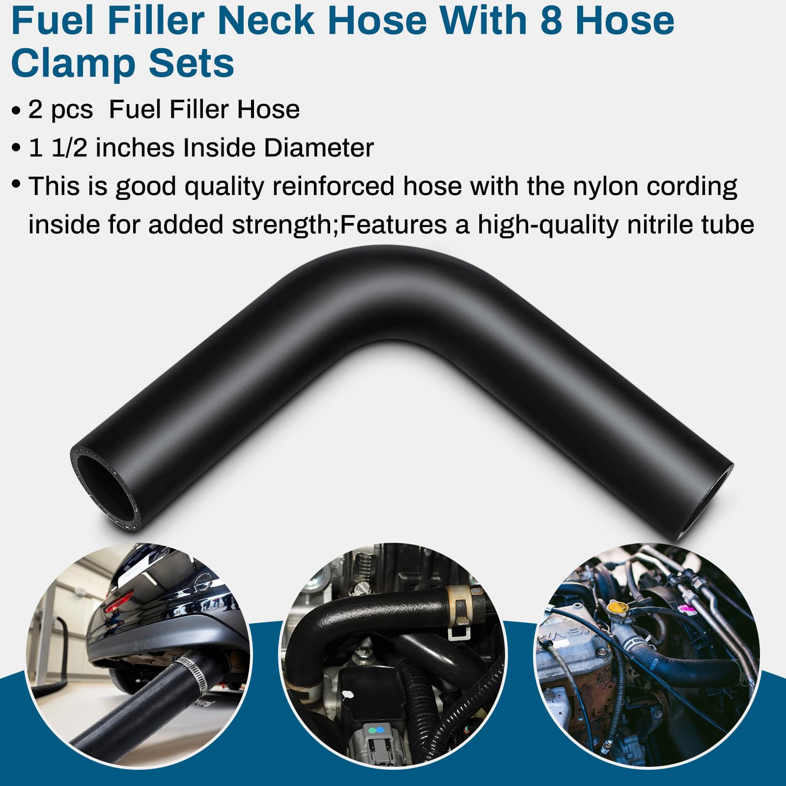 Frienda 2-Pack 15 7/8 Inch Reinforced Gasoline Fuel Filler Neck Hose with 8 Hose Clamps - 1.5 Inch 90 Degree Bend for Fuel Tank & Vent Pipe - Perfect for Automotive, Marine & RV Fuel System Repairs