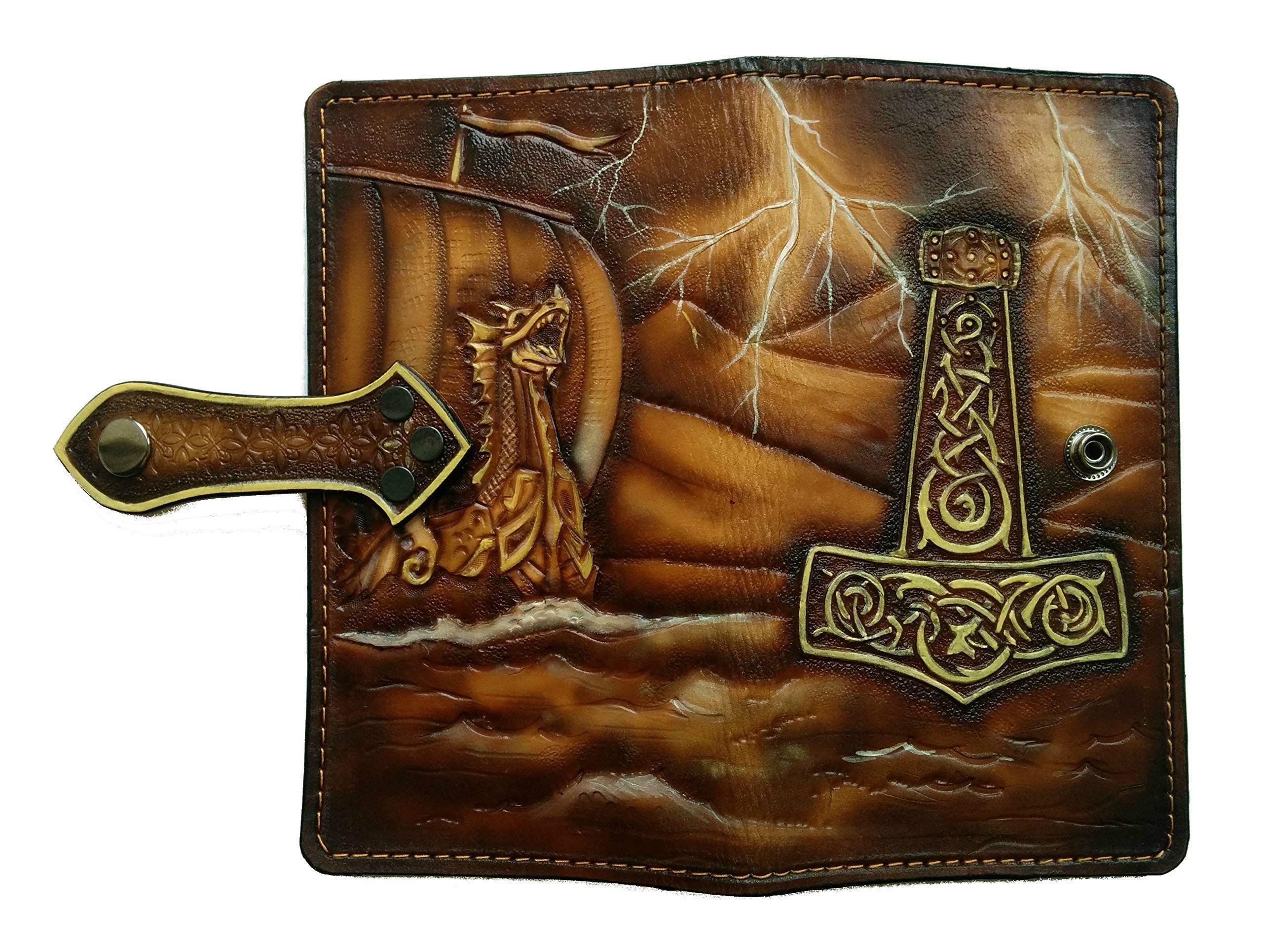 Viking Longship & Thor Hammer Mjölnir 3D Genuine Leather Men's Wallet - Handmade Biker Wallet with Airbrush Art, Custom Carved Design - Perfect for Gifts, Travel & Everyday Use