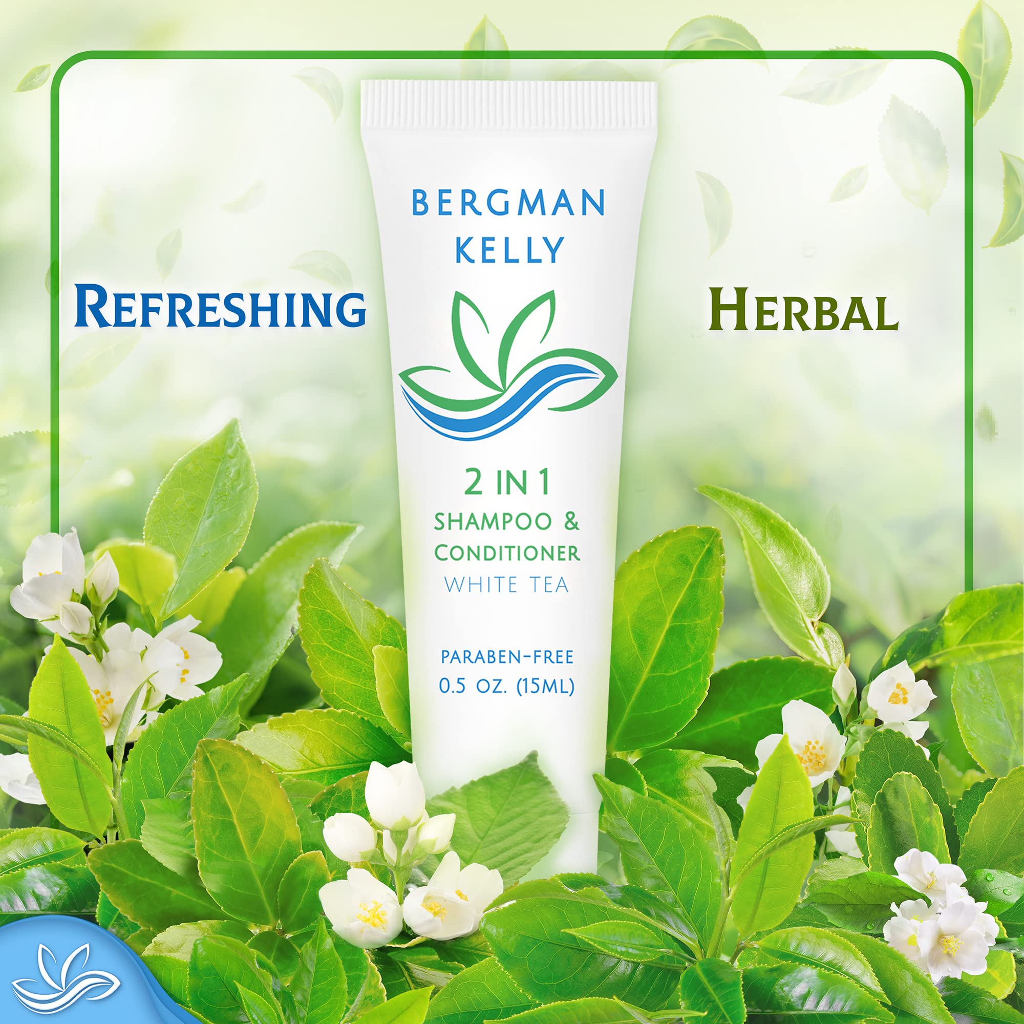 Bergman Kelly - 2 in 1 Shampoo & Conditioner Travel Size (0.5 fl oz, 200 Pack) - White Tea Scent - Bulk Hotel Toiletries for Guests - Refreshing & Revitalizing Formula | Perfect for Hotels, Spas, Airbnb, Travel Kits & Hospitality Amenities