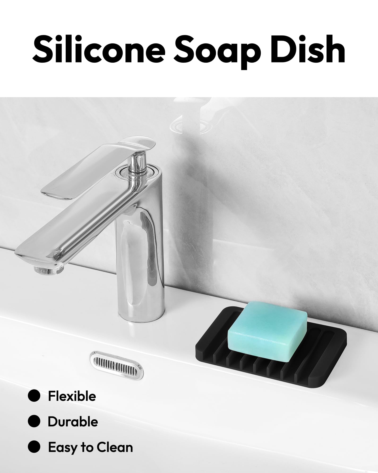 Self Draining Soap Dish for Shower, Kitchen & Bathroom Sink - 2 Pack Black Silicone Soap Holder (3.1