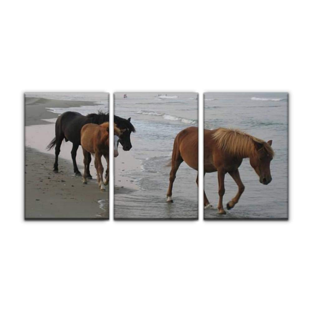 Gracelapin Modern Canvas Wall Art - Wild Horses of The Outer Banks Landscape Oil Painting, 3-Piece Set (16