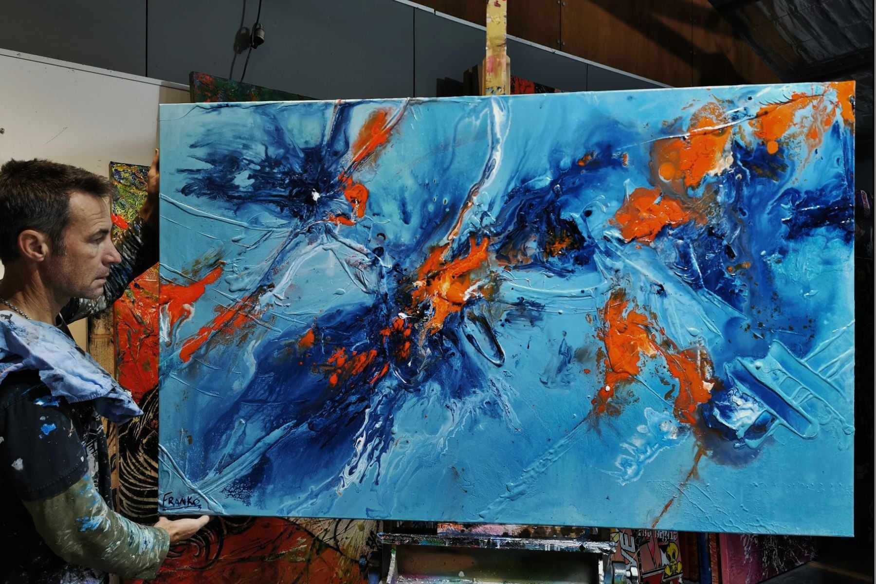 Midday Sunrise 160cm x 100cm Blue Orange Textured Abstract Canvas Art - Modern Wall Decor for Living Room, Bedroom & Office