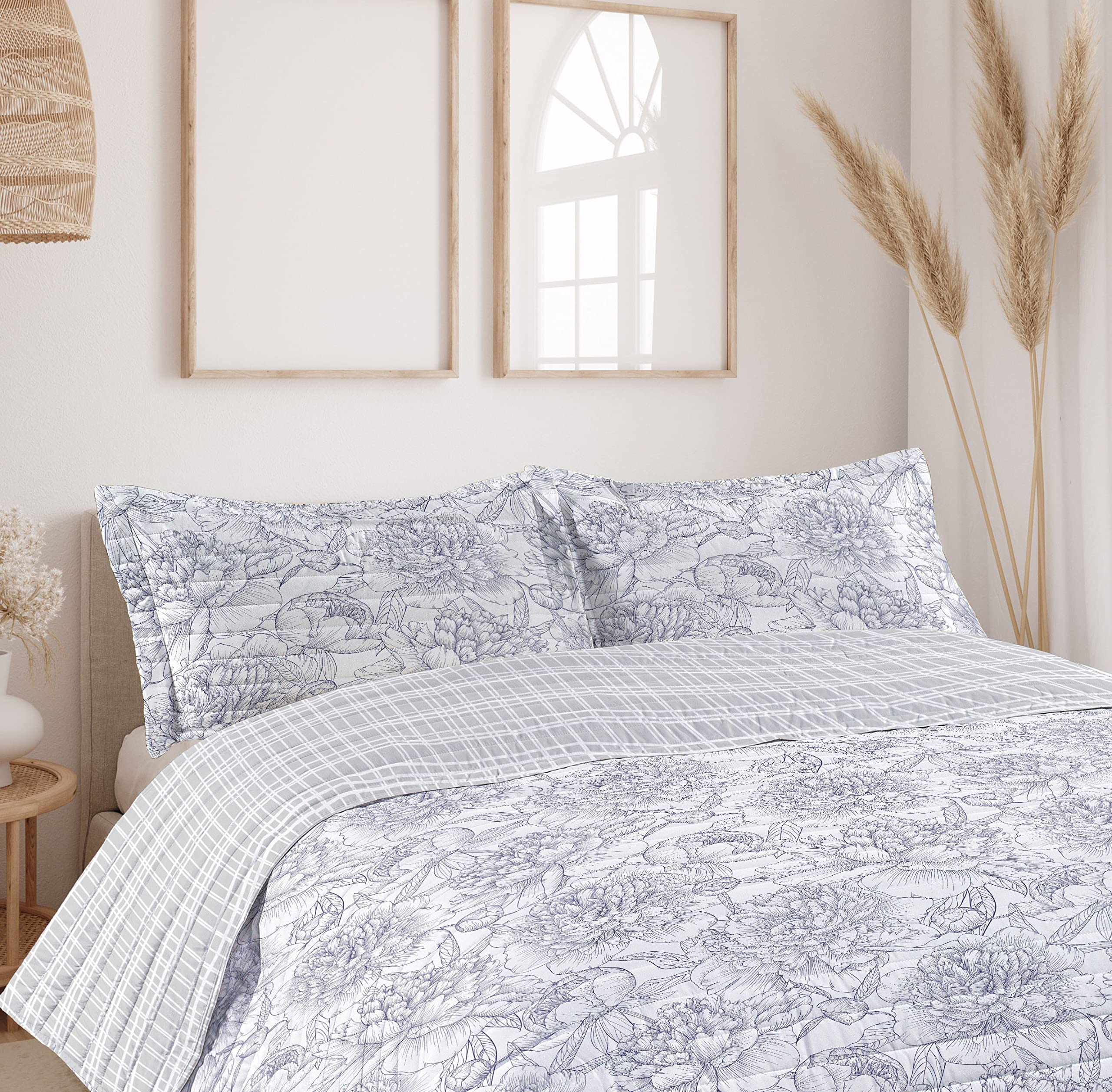 Ambesonne Floral Reversible King Size Bedspread Set - Hand Drawn Rose, Chamomile & Peonies Design on Lavender Blue Microfiber Bedding with Pillow Shams | Perfect for Master Bedroom, Guest Room & Bohemian Home Decor