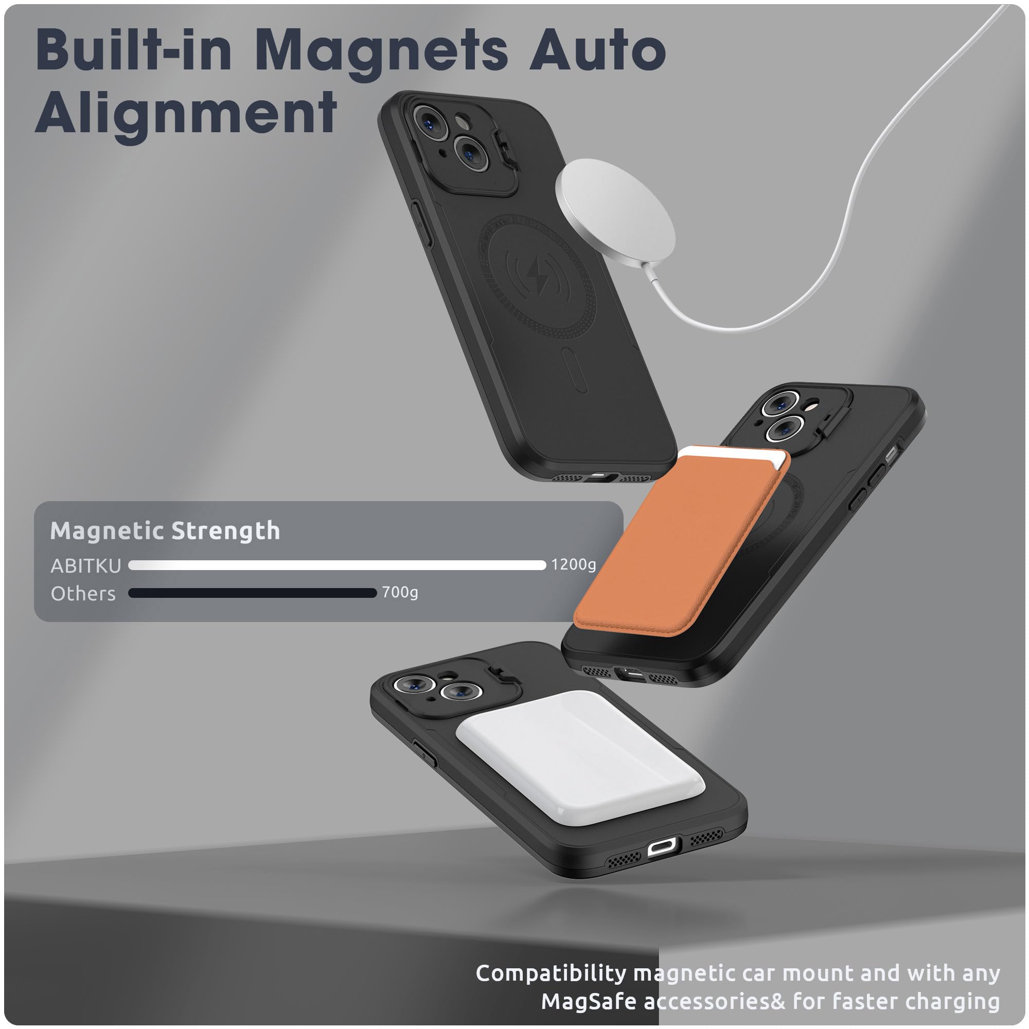 ABITKU Magnetic Shockproof Phone Case for iPhone 15 (6.1 inch) - Compatible with MagSafe & Car Holder, Built-in Camera Protector & Kickstand | Screen Protection Cover for Men & Women | Perfect for Daily Use, Travel & Outdoor Activities (Black, 2023 Model)