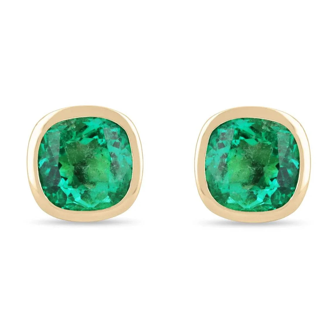 AAA+ 5.46tcw Colombian Emerald Cushion Cut Stud Earrings in 18K Gold Bezel Setting - Perfect for Weddings, Anniversaries & Special Occasions