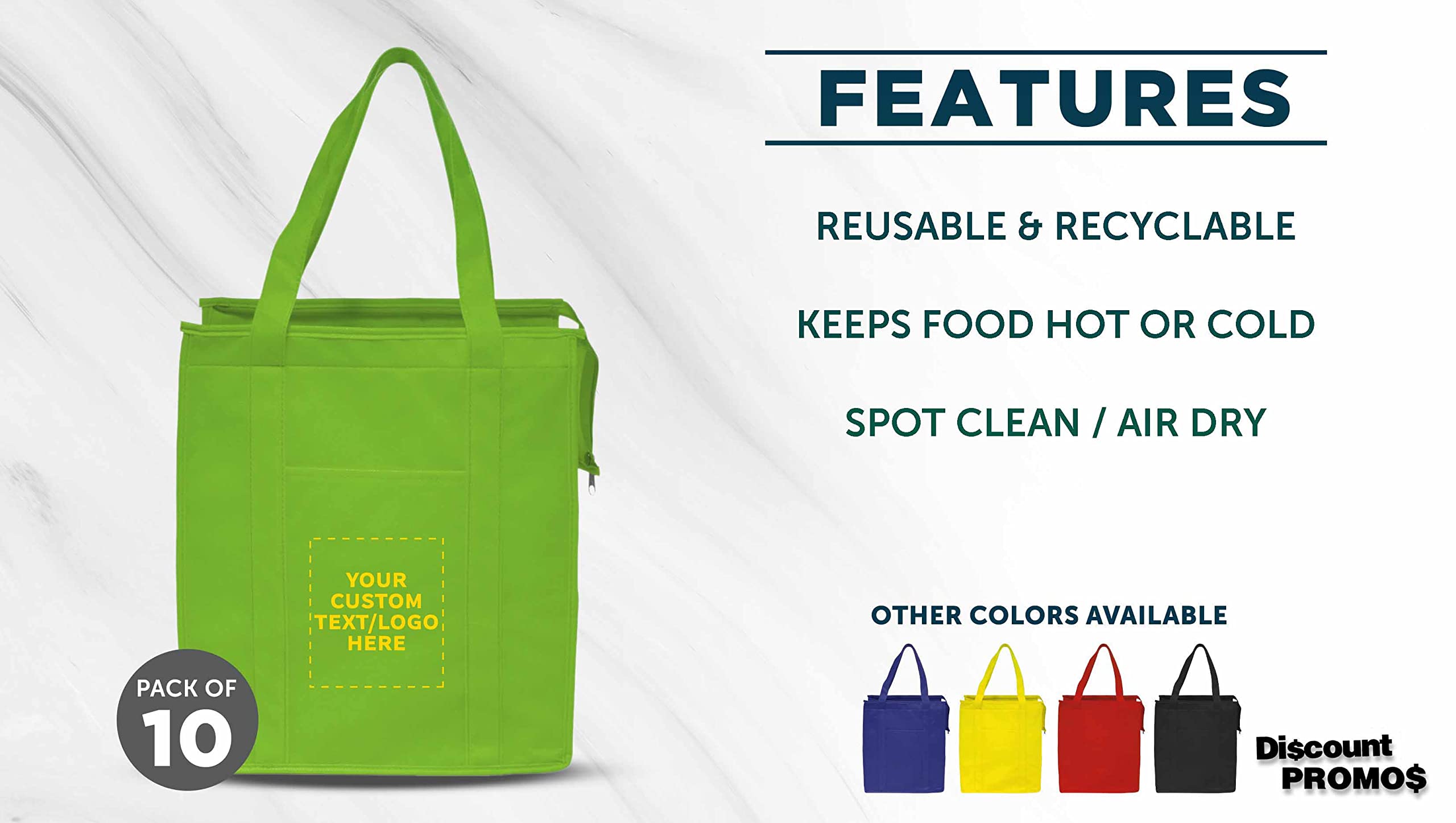 Custom Non-Woven Insulated Reusable Tote Bags - Bulk Pack of 10 Personalized Grocery Bags for Picnic, Camping, Beach & Outdoor Activities - Eco-Friendly Lime Green Shopping Bags for Groceries, Market & Travel