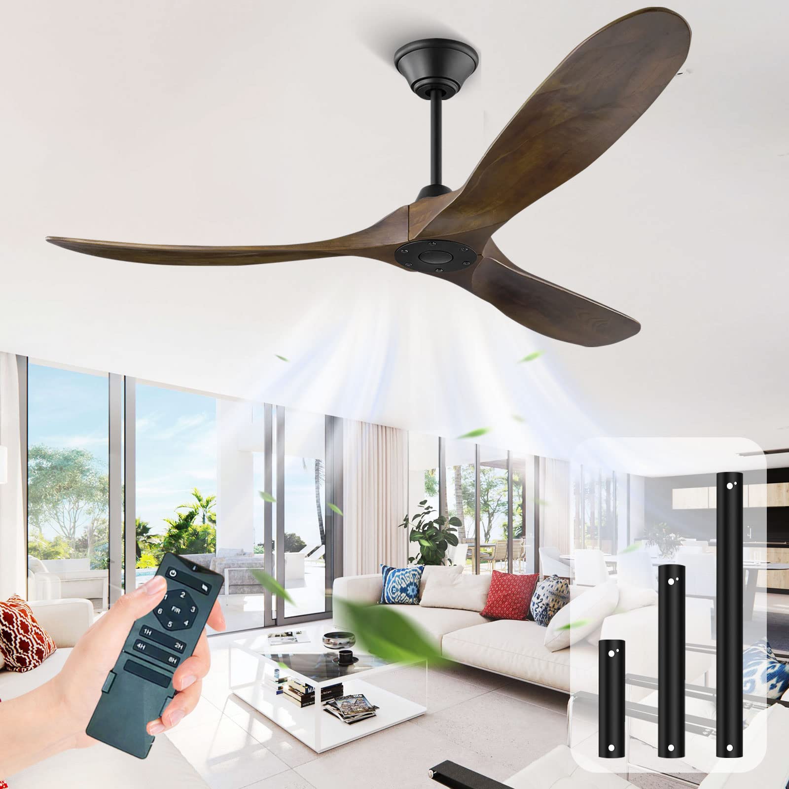 52 Inch Outdoor Wood Ceiling Fan Without Light - Remote Control, 3 Blades Moisture-Proof DC Motor - 6 Speed Silent Operation for Bedroom, Patio, Kitchen & Living Room - Perfect for Indoor/Outdoor Cooling & Air Circulation