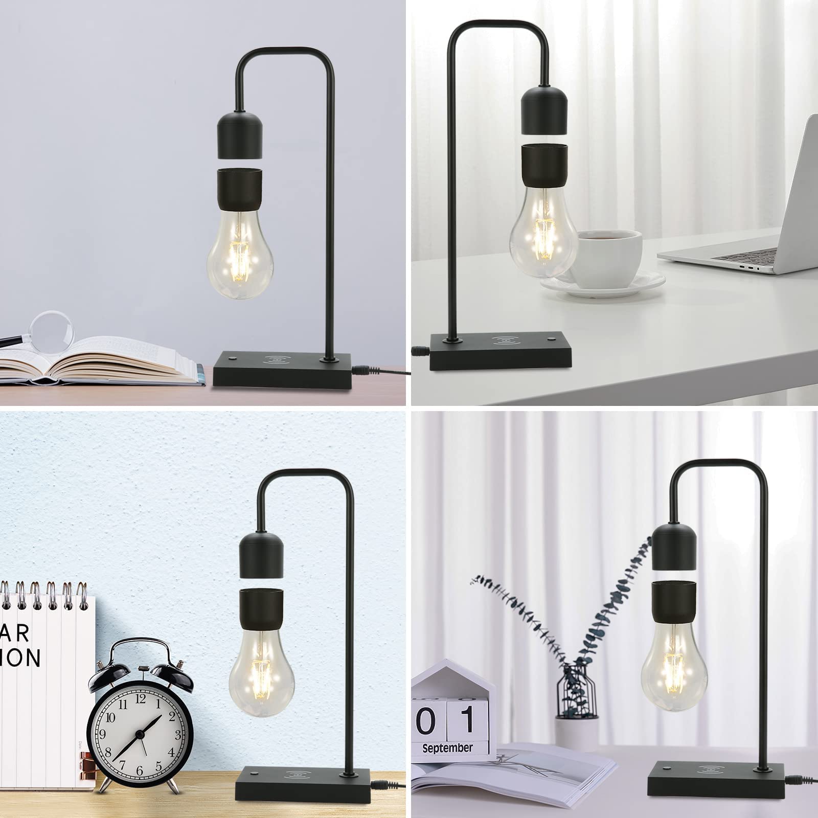 Magnetic Levitating Lamp with LED Light Bulb - Wireless Charger & Auto Control - Floating Desk Decor for Home Office, Bedroom, and Gift Ideas