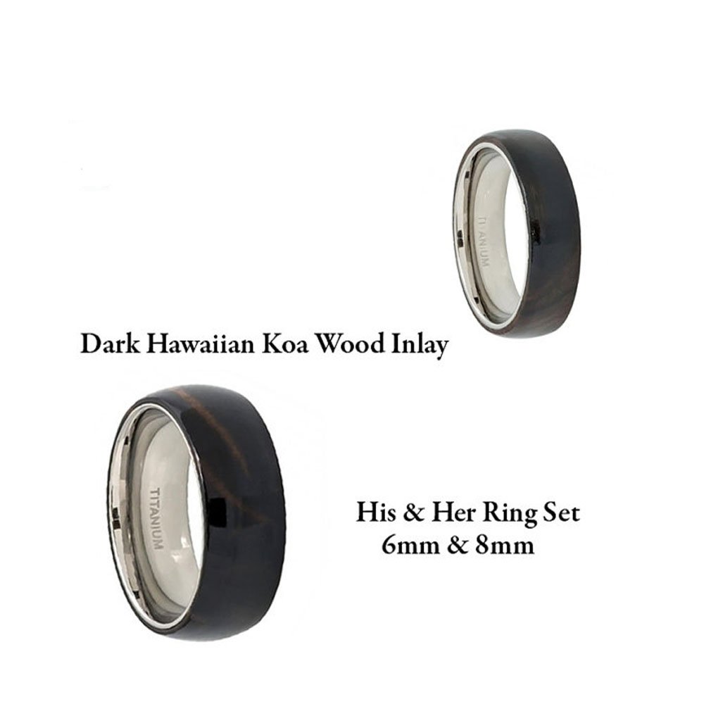 Titanium Koa Wood Wedding Rings for Men & Women - 8mm & 6mm Bands for Couples