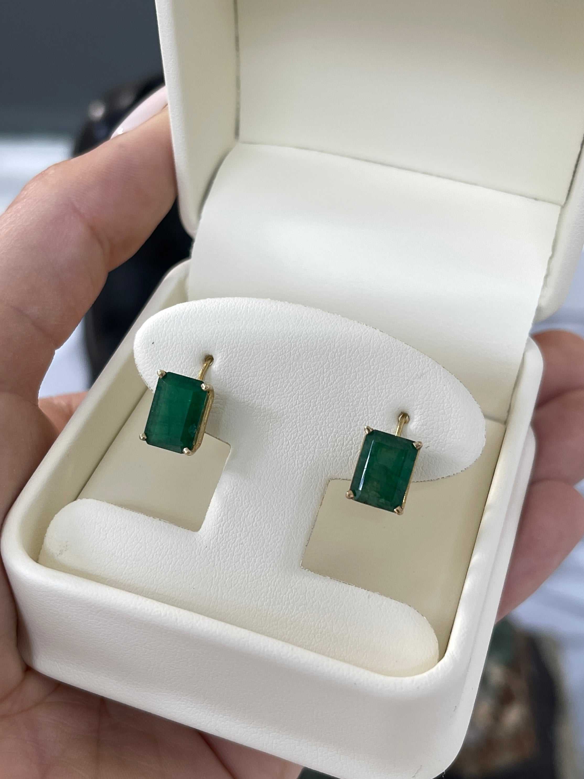 3.43tcw Classic Dark Green Natural Emerald Lever Back Dangle Earrings - 14K Gold Fine Jewelry for Women, Perfect for Weddings, Parties & Special Occasions