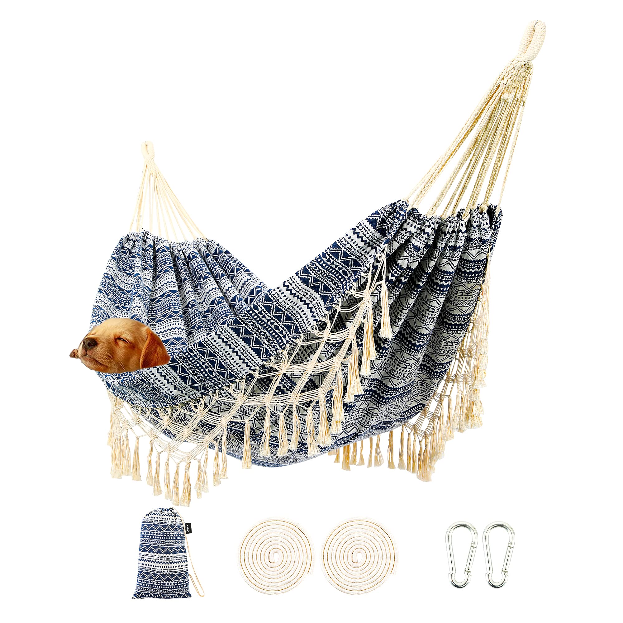 Premium Cotton Garden Hammock with Tassels - 2 Person Indoor/Outdoor Hammock with Carry Bag - Macrame Fringe Design for Patio, Porch, Backyard & Beach - Supports Up to 450Lbs (Blue-White) - Perfect for Relaxing, Lounging & Outdoor Adventures
