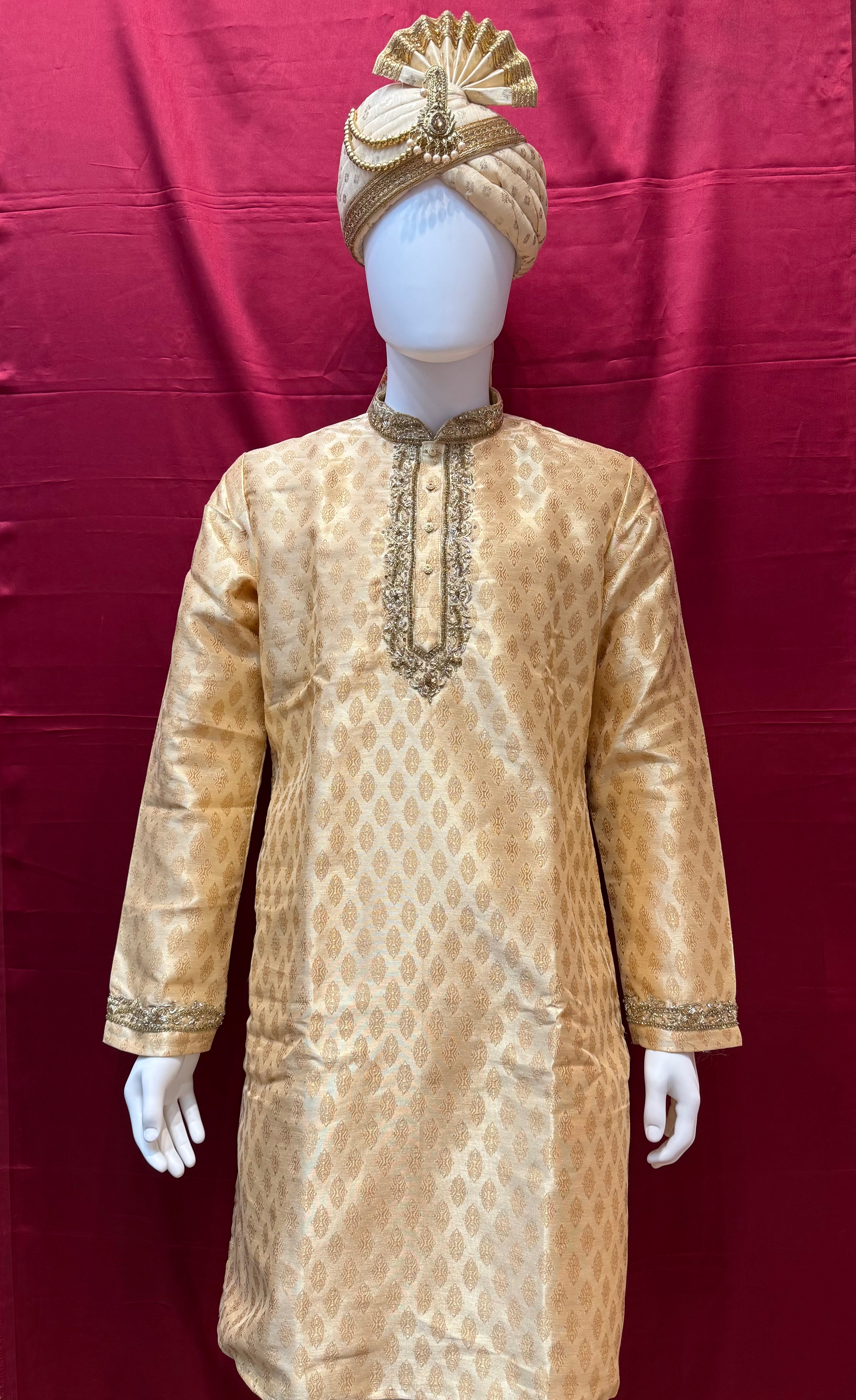 Elegant Banarasi Brocade Gold Embroidered Kurta Pajama Set for Men | Traditional Indian Wedding & Festival Wear