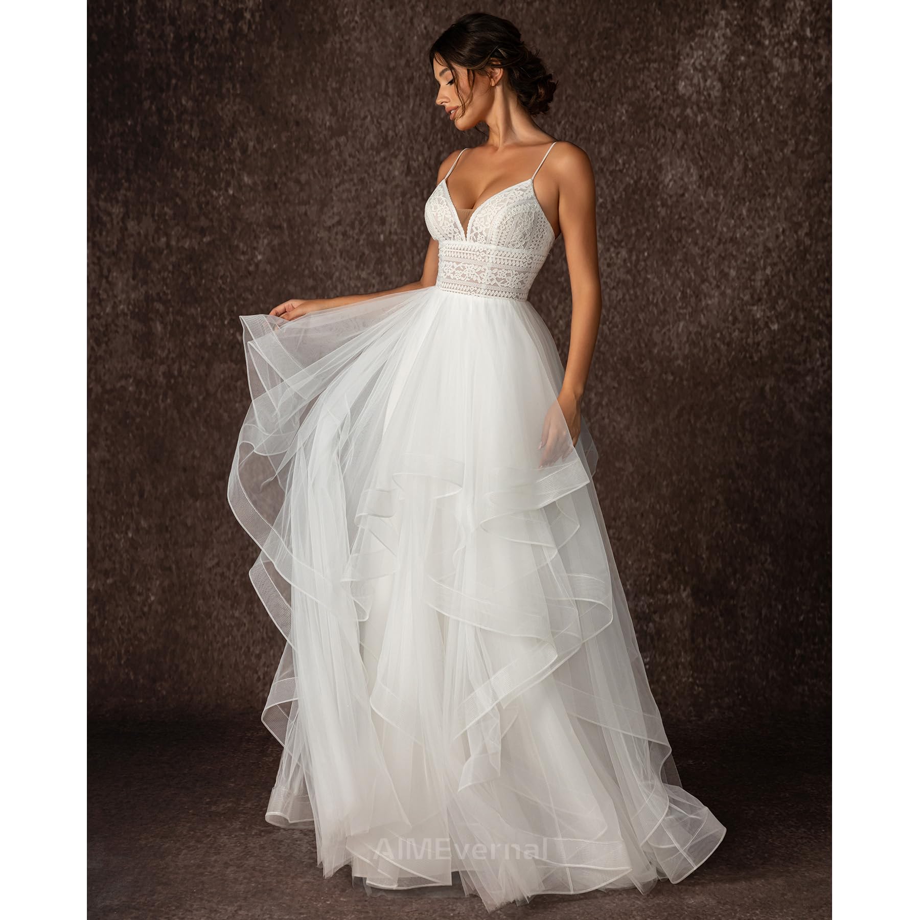 Boho Tiered Tulle Wedding Dress for Women - V Neck Slip Dress with Adjustable Straps | Sexy Beach Bridal Gown for Destination Weddings & Outdoor Ceremonies