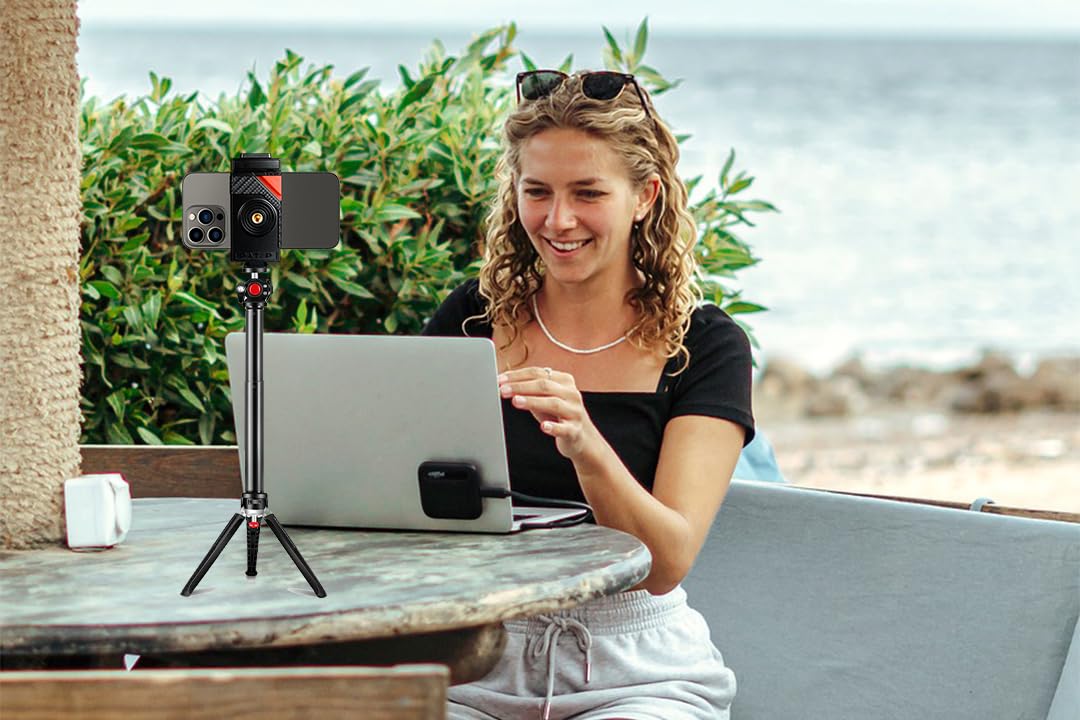 Adjustable Webcam Tripod Stand with Phone Holder - 3-Level Extendable Desktop Camera Mount, Ball Head & Lightweight Handle for Logitech C922/C920/BRIO - Perfect for Vlogging, Live Streaming & Zoom Meetings
