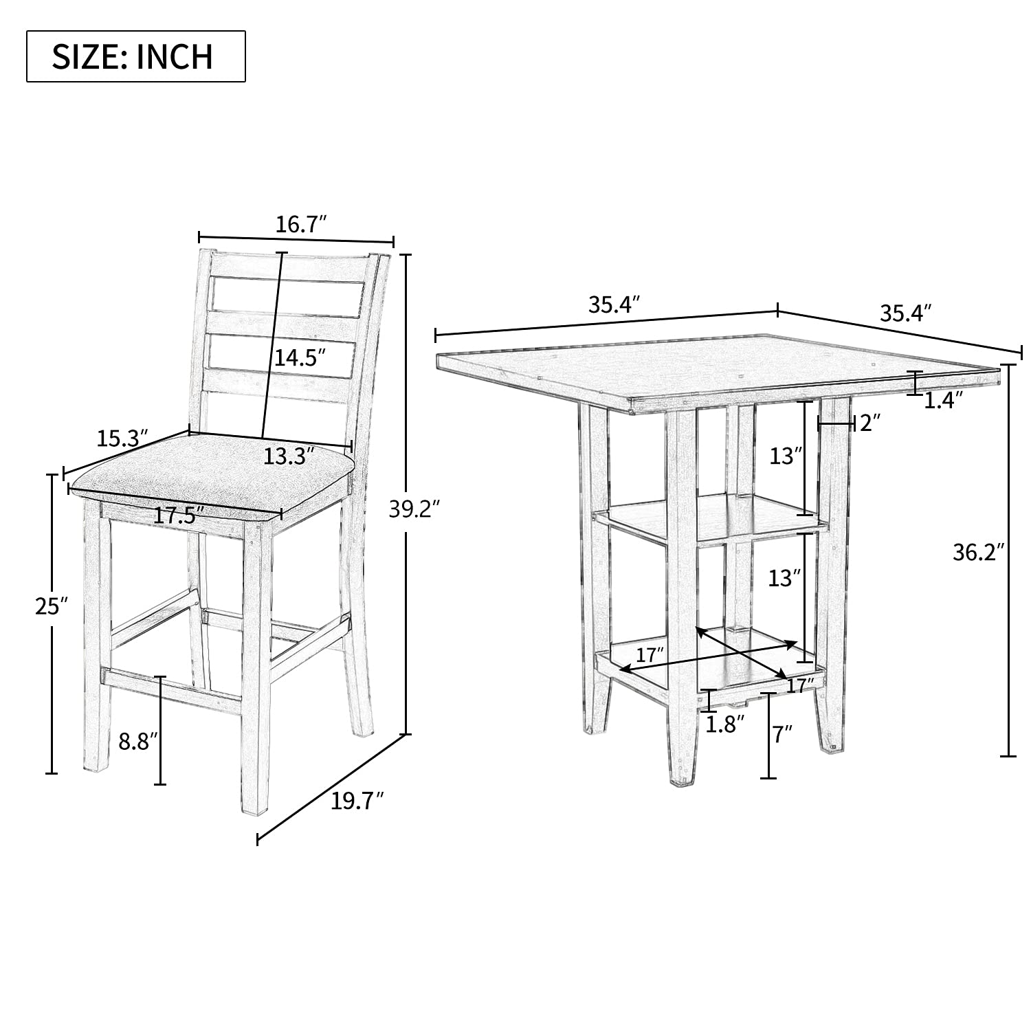 5-Piece Wooden Counter Height Dining Set - 35.5