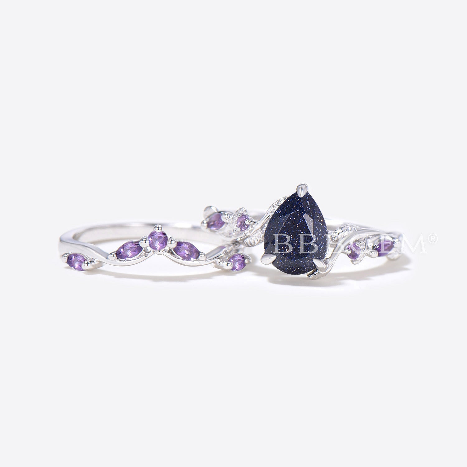Twig Leaf Pear Blue Sandstone & Amethyst Ring Set - Elegant Cluster Gemstone Jewelry for Women - Perfect for Weddings, Parties & Everyday Wear