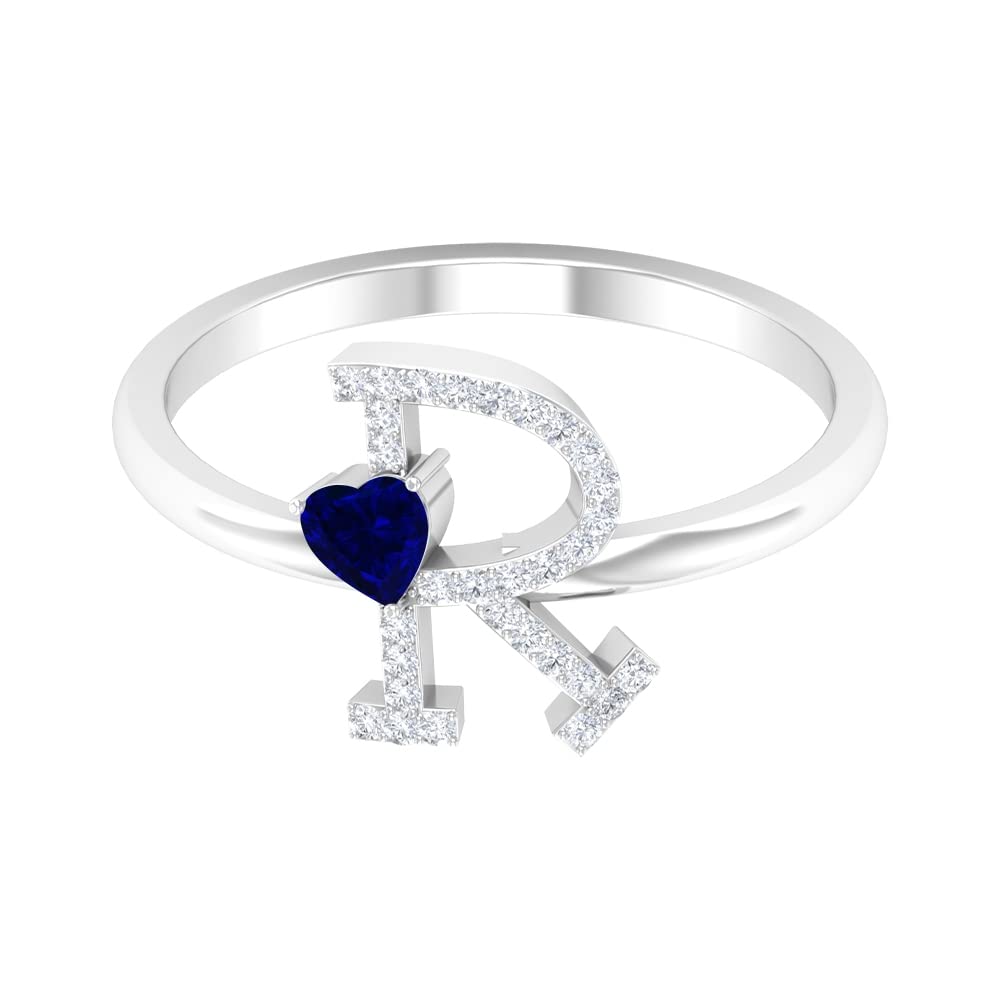 Blue Sapphire & Diamond Initial Rings for Women - A to Z Alphabet Rings in 14K White Gold | Elegant Heart Initial Rings for Gifts, Engagements & Special Occasions