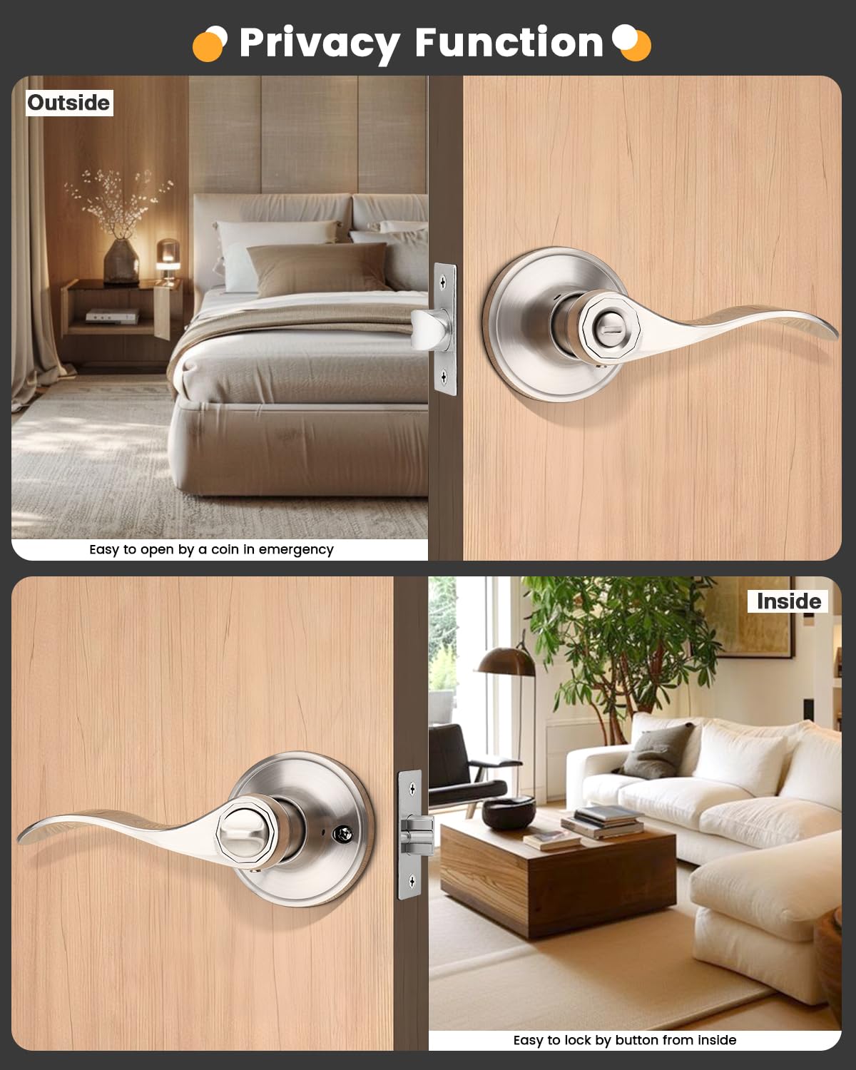 Gobrico 10 Pack Satin Nickel Privacy Keyless Door Handles - Interior Bathroom & Bedroom Door Levers, Heavy Duty Brushed Nickel Drop Style Door Knobs for Home, Office & Commercial Use
