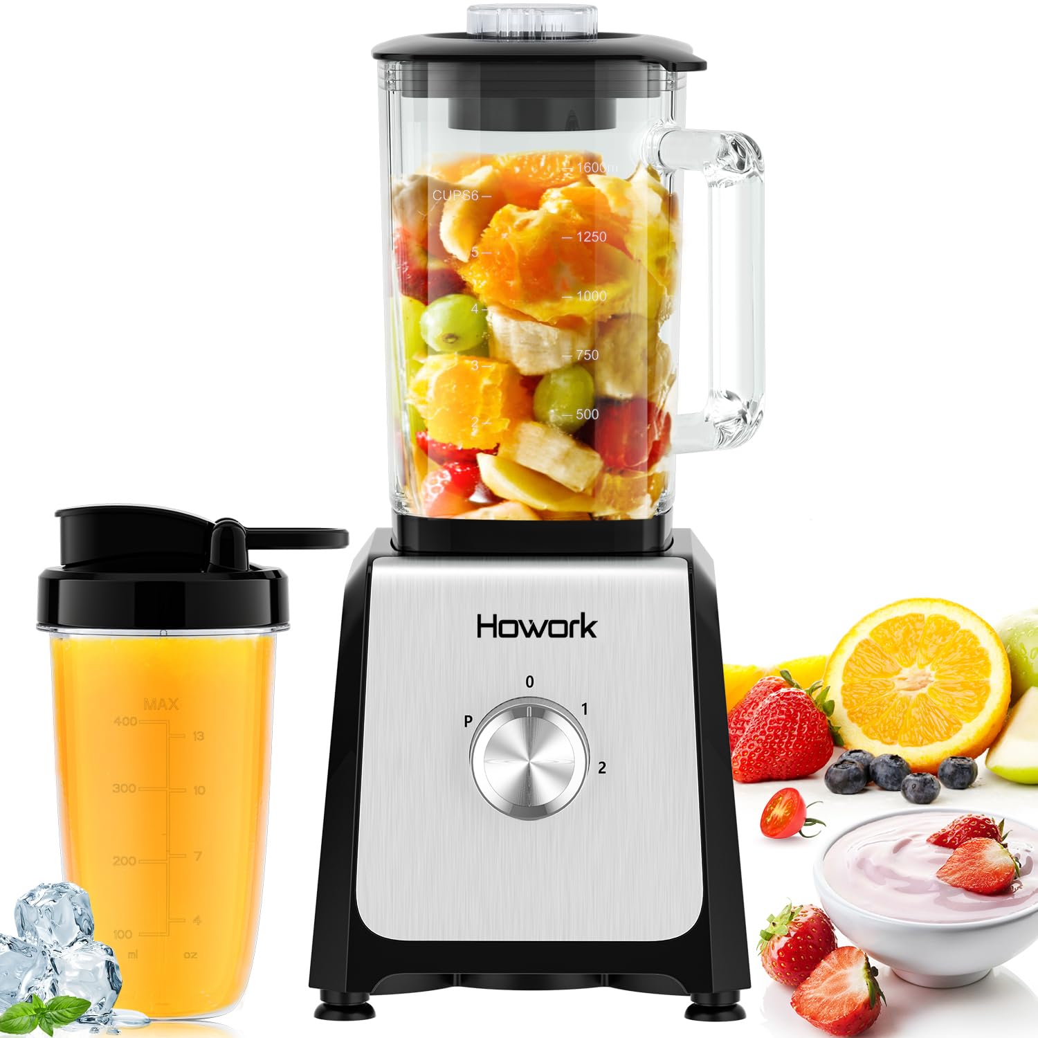 HOWORK 750W High-Speed Blender with 56oz Glass Jar & 16oz Portable Cups - 3 Functions for Smoothies, Frozen Drinks & Ice Cream - Perfect for Home Kitchen, Gym & Office Use
