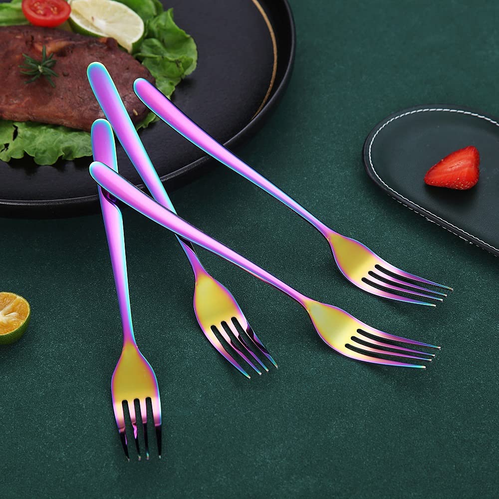 Rainbow Stainless Steel 8-Inch Dinner Forks Set of 6 - Premium Silverware for Home, Kitchen & Restaurant Use - Dishwasher Safe - Perfect for Fine Dining, Weddings & Everyday Meals