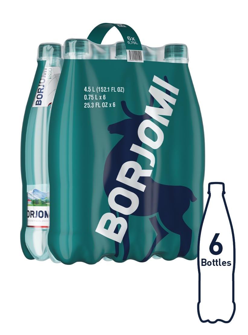 Borjomi Sparkling Natural Mineral Water - 25.3 Fl Oz (750ml) Plastic Bottles, Pack of 6 | Georgian Alkaline Spring Water | Perfect for Hydration, Detox & Healthy Lifestyle