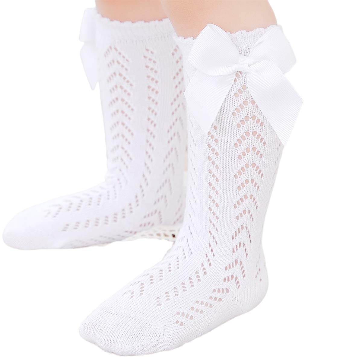 FYBITBO 6 Pack Baby Girl Knee High Socks - Cotton Ruffled Long Stockings with Bows for Newborn & Toddler | Perfect for Dress Up, Photo Shoots & Everyday Outfits