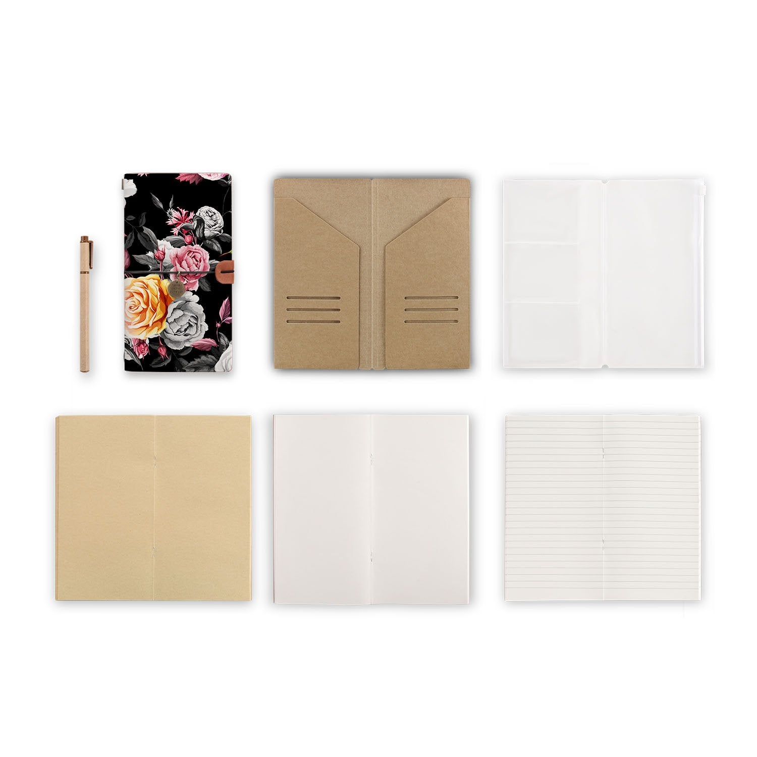 Premium Black Floral Traveler's Notebook - Leather Journal for Writing, Sketching & Planning | Perfect Gift for Travelers, Writers & Artists