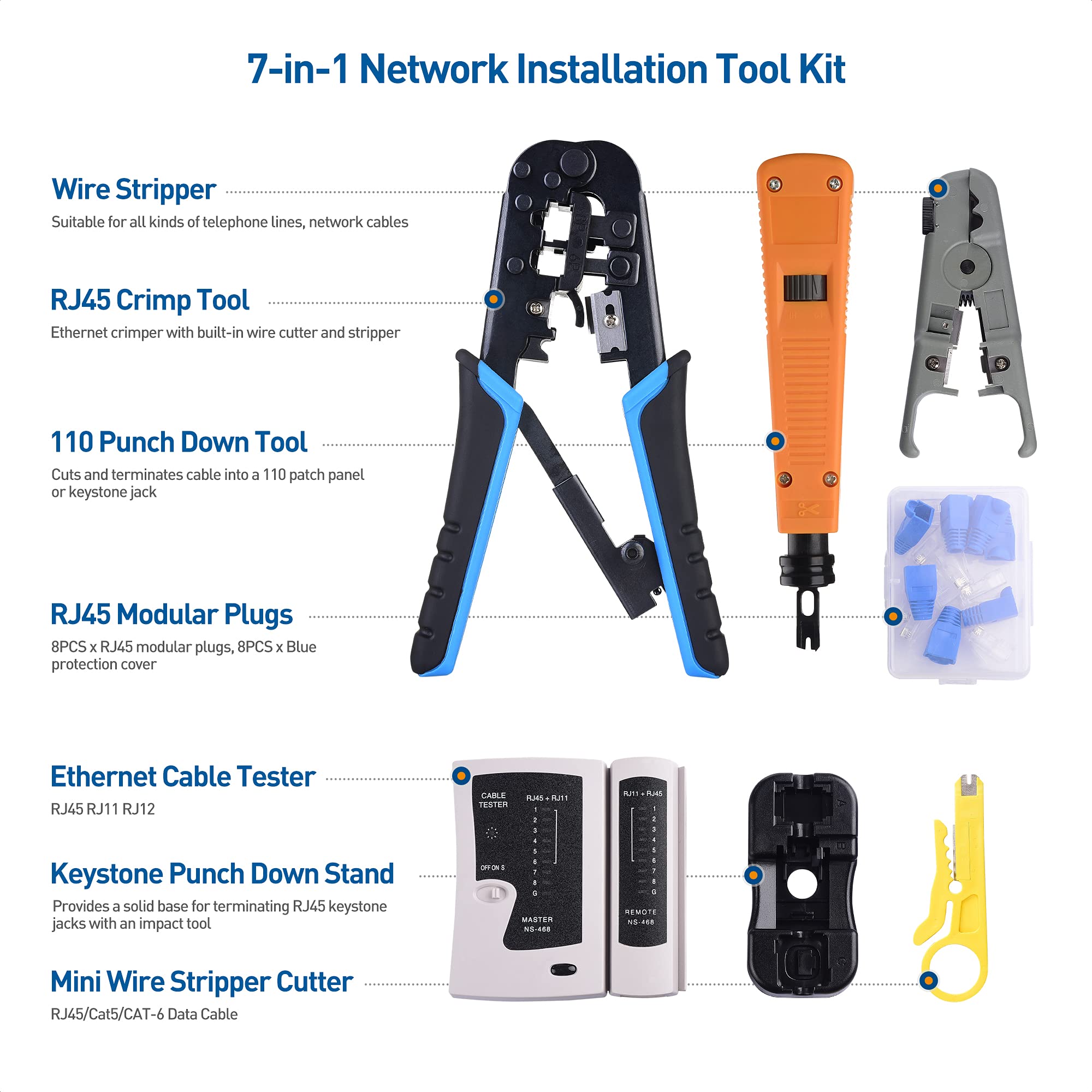 Cable Matters 7-in-1 Network Tool Kit with RJ45 Crimper, Punch Down Tool, Cable Tester & Accessories - Complete Ethernet Installation Set for Home & Office Networking (Includes Carrying Case)