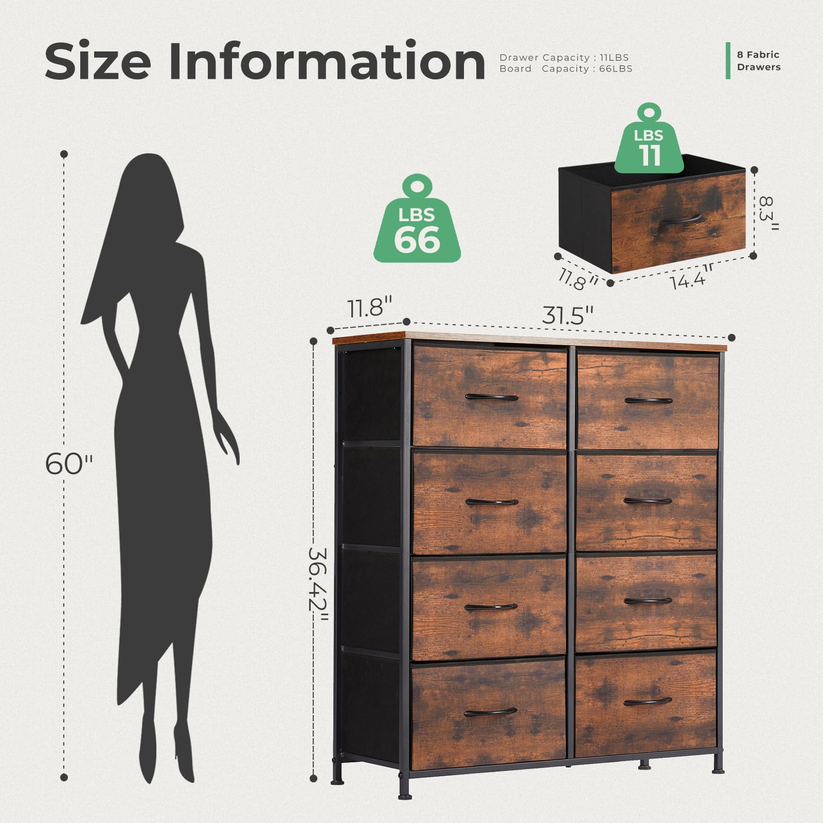 DUMOS 8-Drawer Fabric Dresser for Bedroom - Tall Chest Organizer with Cabinet for Clothing Storage, Kids Room & Nursery - Lightweight Wooden Top & Metal Frame Furniture (Brown) - Perfect for Small Spaces, Closet Organization & Baby Essentials Storage