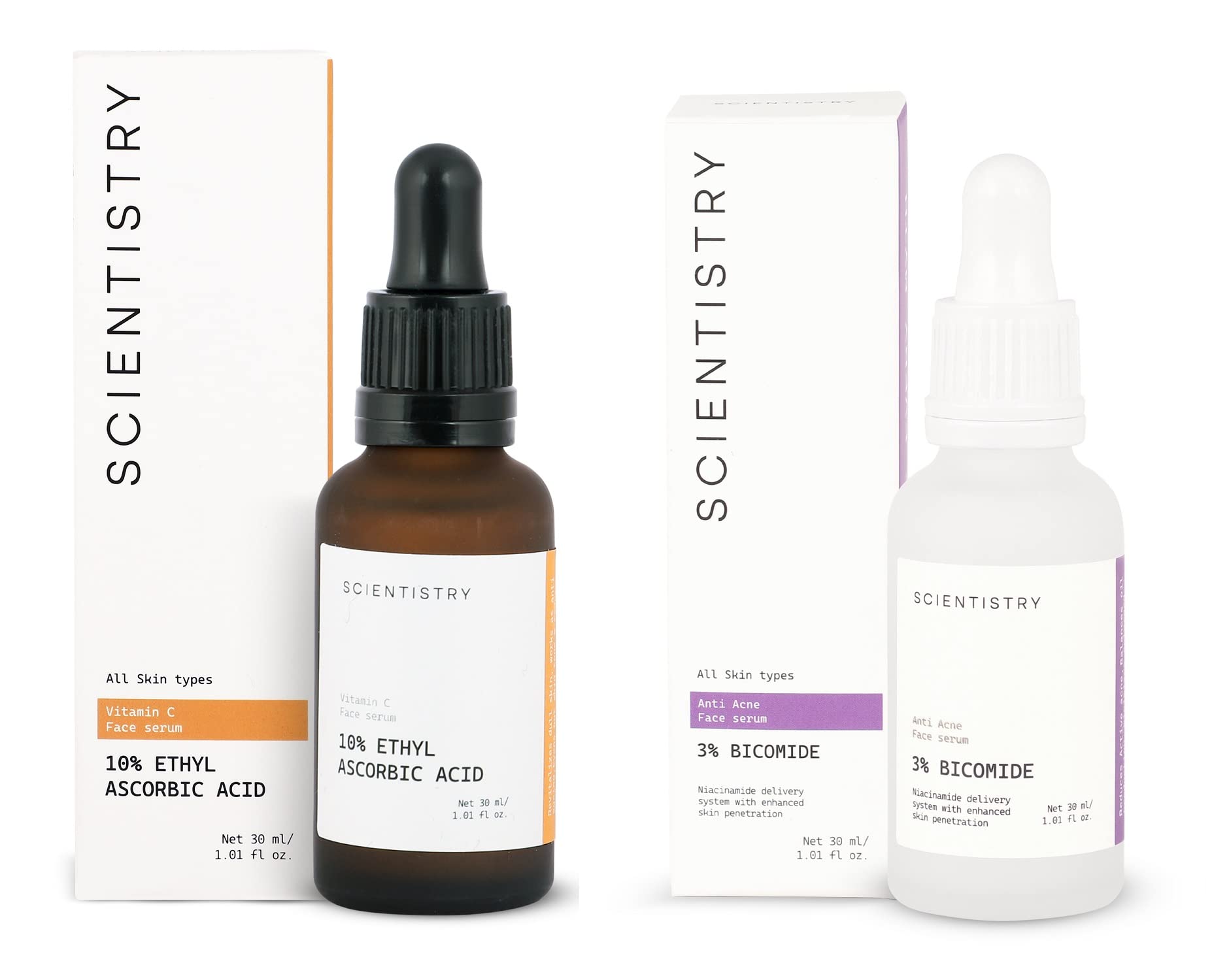 Scientistry Vitamin C & Anti-Acne Face Serum Duo - Brightening Treatment for Dark Spots, Acne Prone Skin | Fragrance-Free, Paraben-Free Formula for Glowing Complexion | Unisex Skincare for All Skin Types | 30ml x 2 Bottles (2-Pack) | Perfect for Daily Skincare Routine & Travel Essentials
