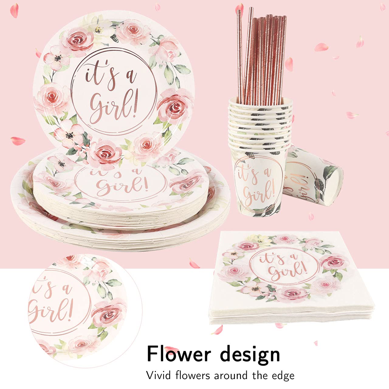 Rose Gold Foil 'It's a Girl' Party Plates Set - 24 Dinner Plates, Dessert Plates, 9oz Cups, Gold Straws & Napkins for Baby Shower & Birthday Decorations | Perfect for Gender Reveal, Bridal Showers & Celebration Parties