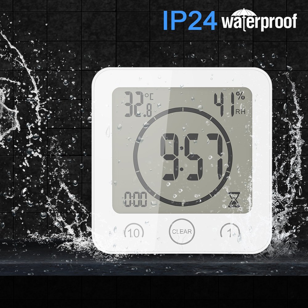 AOZBZ Waterproof Digital Shower Clock with Alarm - Touch Screen Kitchen Timer with Temperature & Humidity Display - Suction Cup & Hanging Hole - Ideal for Bathroom, Kitchen, Gym, Pool (White)