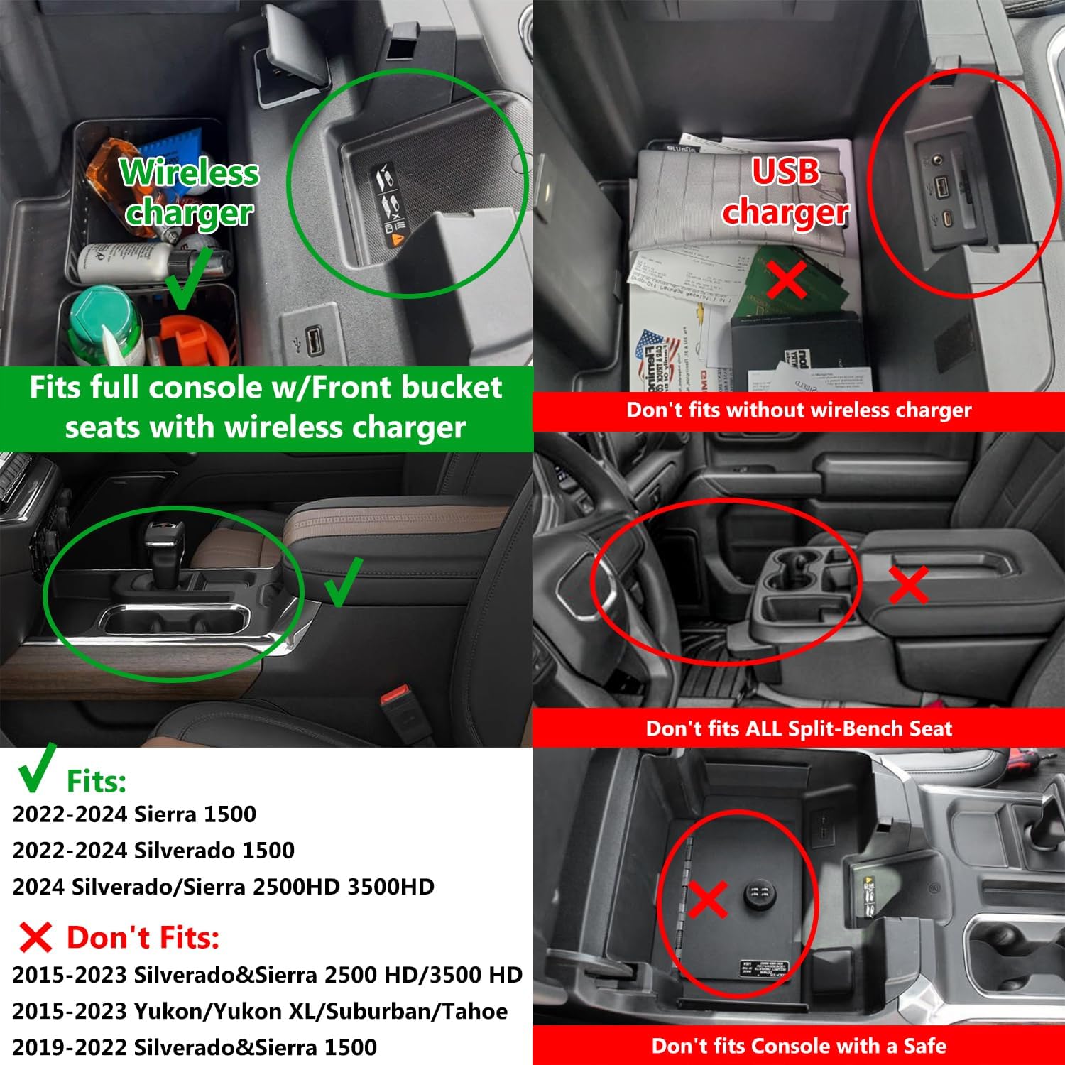 GMC Sierra & Chevy Silverado Center Console Organizer with Wireless Charger - Compatible with 2023-2025 1500, 2024-2025 2500HD/3500HD Models (Bucket Seats Only) - Perfect for Road Trips, Commuting & Truck Organization